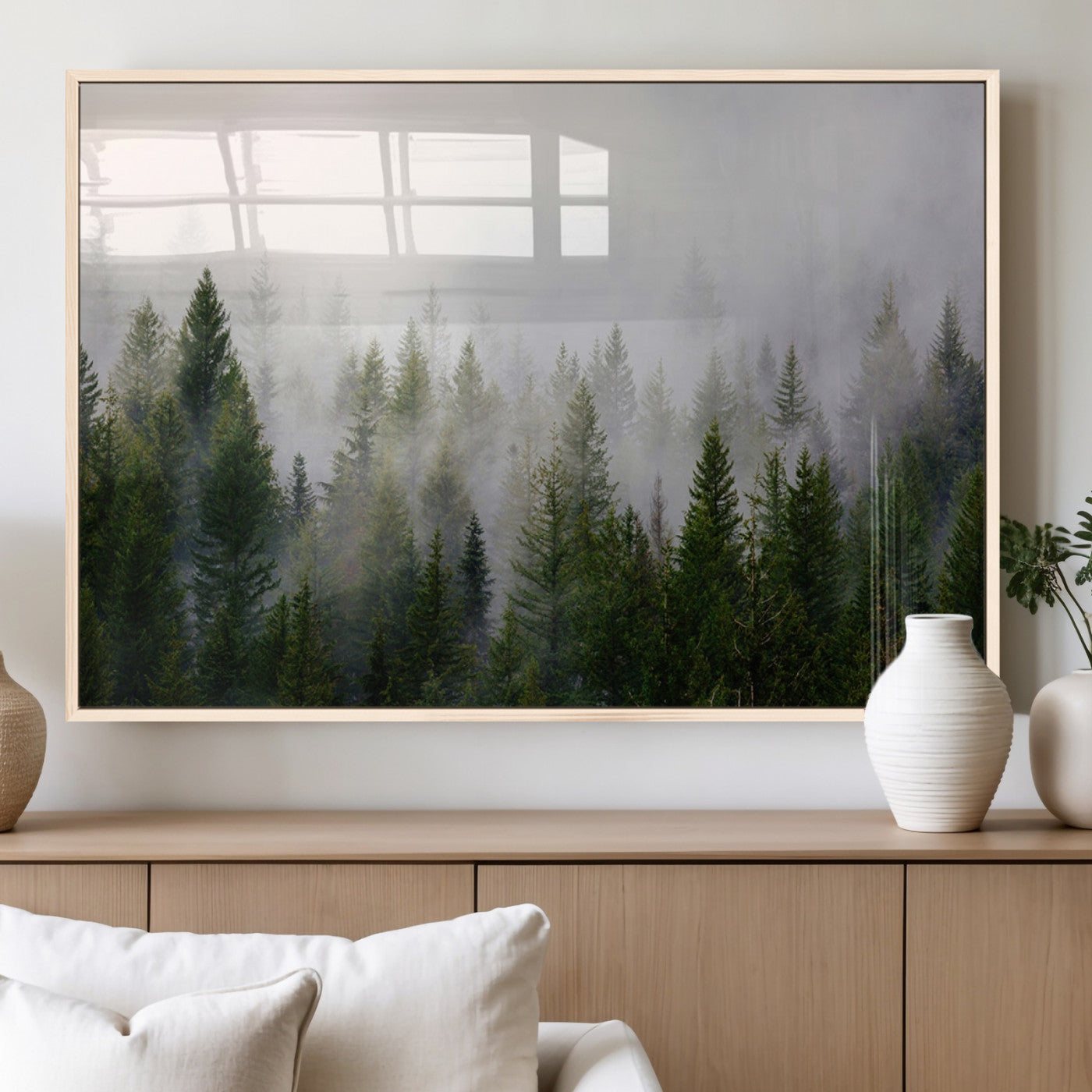11436-MGV-FP-60X30-3P_Natural-Misty Forest Wall Art – Tranquil Evergreen Tree Canvas Print with Foggy Landscape, Nature Inspired Artwork for Bedroom, Living