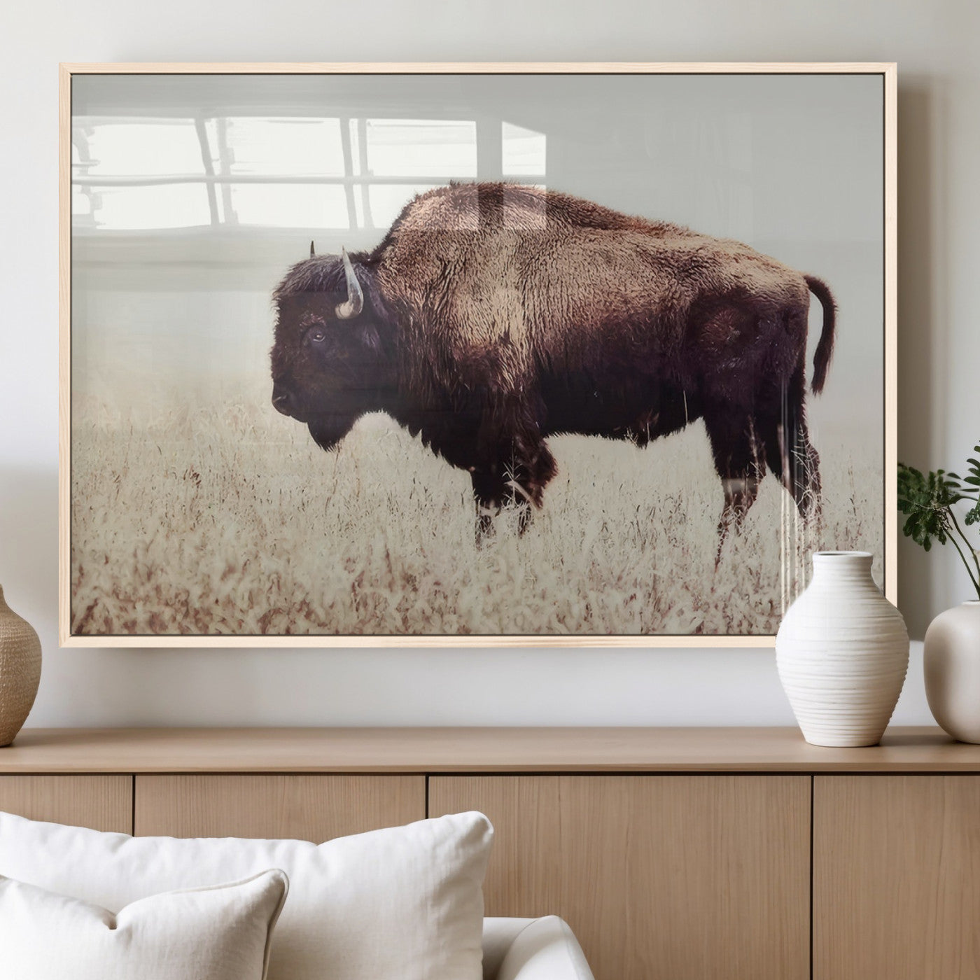 48406-MGV-FP-60X30-3P_Natural-American Bison Wall Art – Rustic Buffalo Canvas Print in Prairie Field, Western Wildlife Photography Decor for Cabin, Lodge,