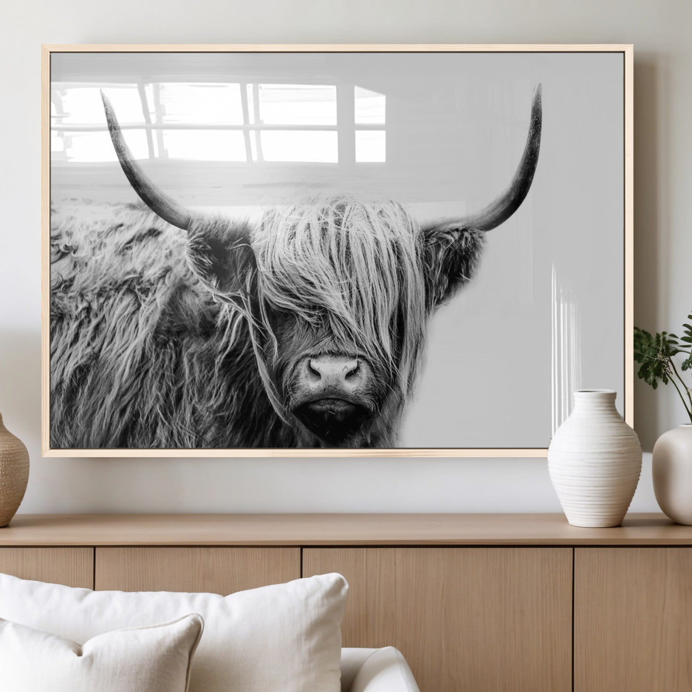 51957-MGV-FP-60X30-3P_Natural-Highland Cow Wall Art – Black and White Scottish Highland Bull Canvas Print, Rustic Farmhouse Animal Decor for Living Room,