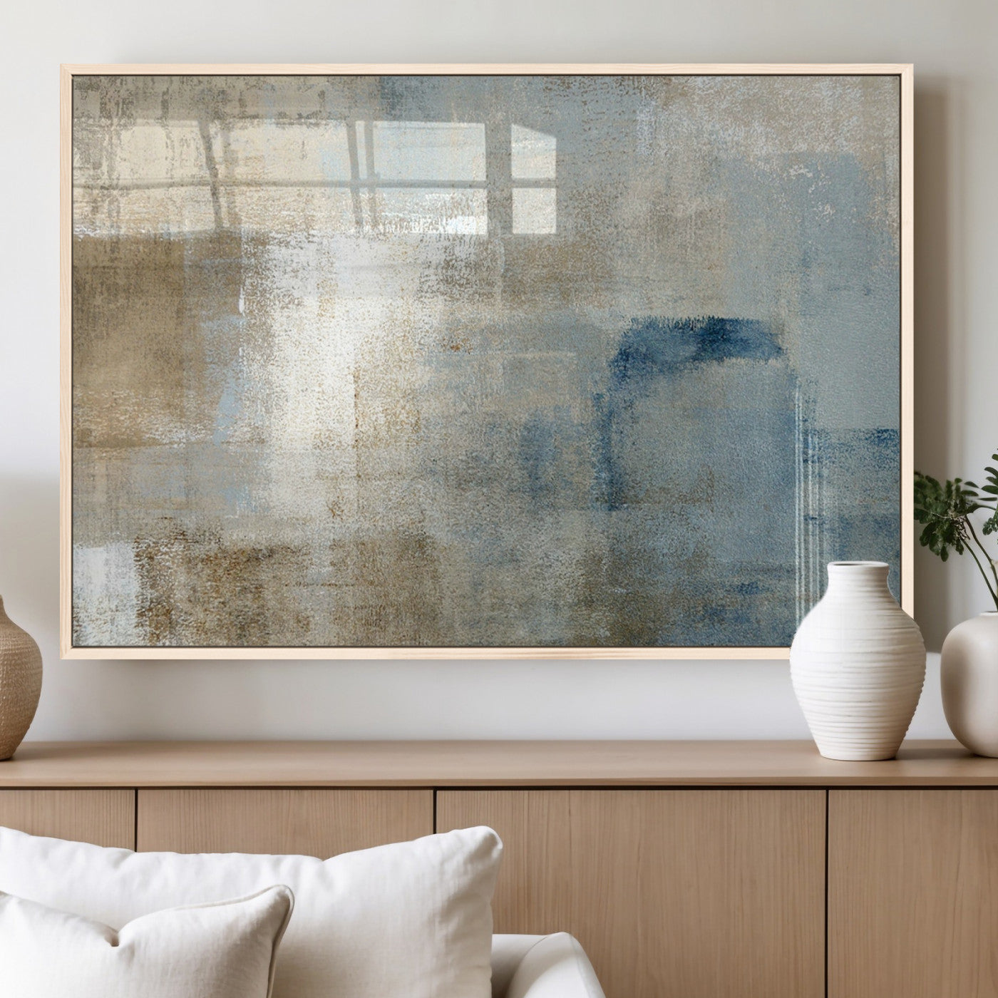 38126-MGV-FP-60X30-3P_Natural-Neutral Abstract Wall Art – Modern Beige and Blue Canvas Print and Minimalist Textured Painting for Living Room, Bedroom or Office