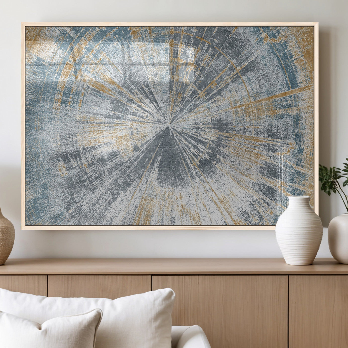17631-MGV-FP-60X30-3P_Natural-Radiant Burst Wall Art – Abstract Sunburst Canvas Print in Blue and Gold, Modern Geometric Painting for Living Room, Office or