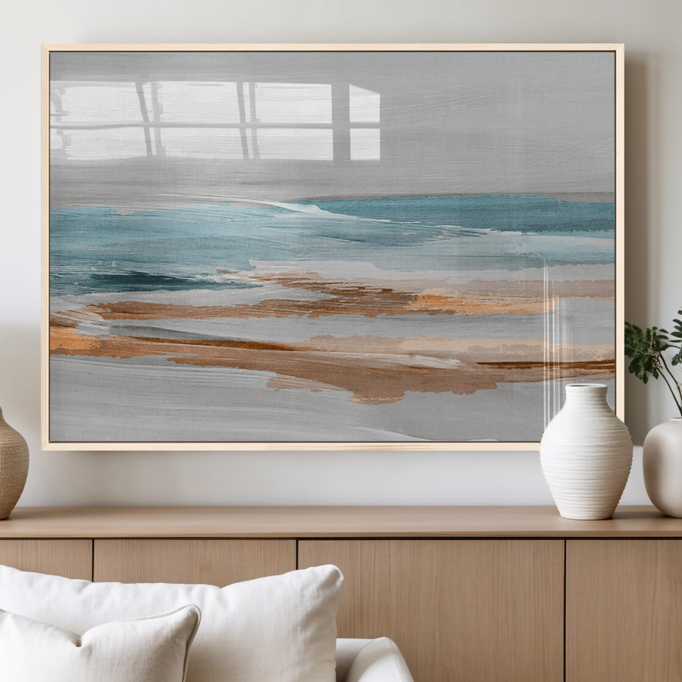 23430-MGV-FP-60X30-3P_Natural-Abstract Coastal Wall Art – Modern Ocean Horizon Canvas Print, Minimalist Beach Scene Painting for Bedroom, Living Room, Office or