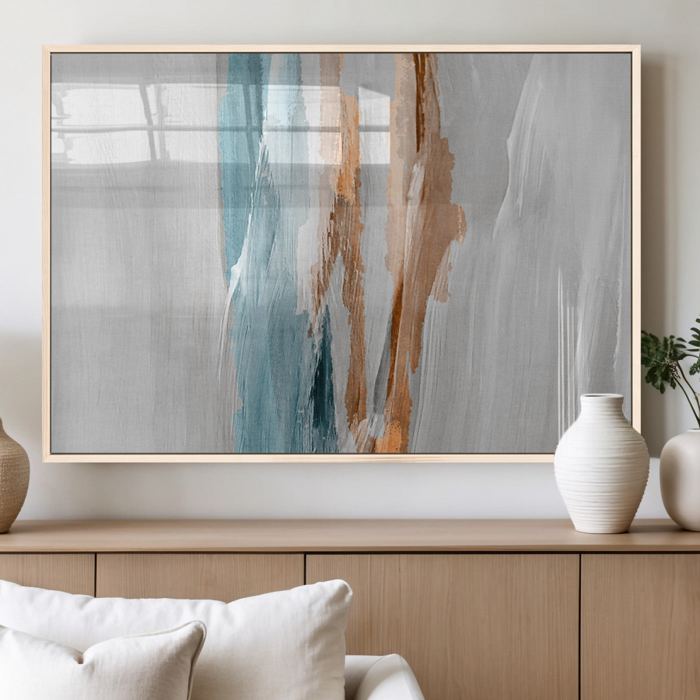 66154-MGV-FP-60X30-3P_Natural-Abstract Brushstroke Wall Art – Modern Teal and Gold Canvas Print, Minimalist Contemporary Painting for Living Room, Bedroom, or