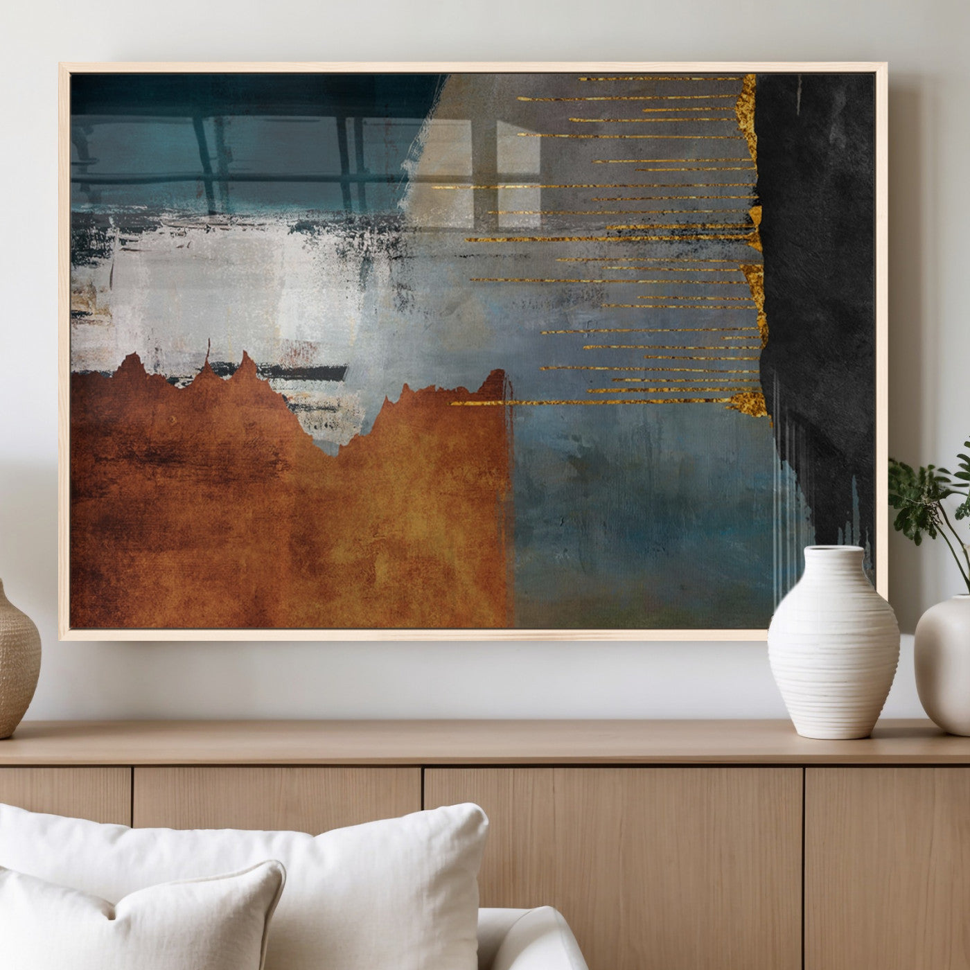 35026-MGV-FP-60X30-3P_Natural-Abstract Canvas Wall Art – Modern Teal, Rust, Black and Gold Textured Painting, Contemporary Decor for Living Room, Bedroom