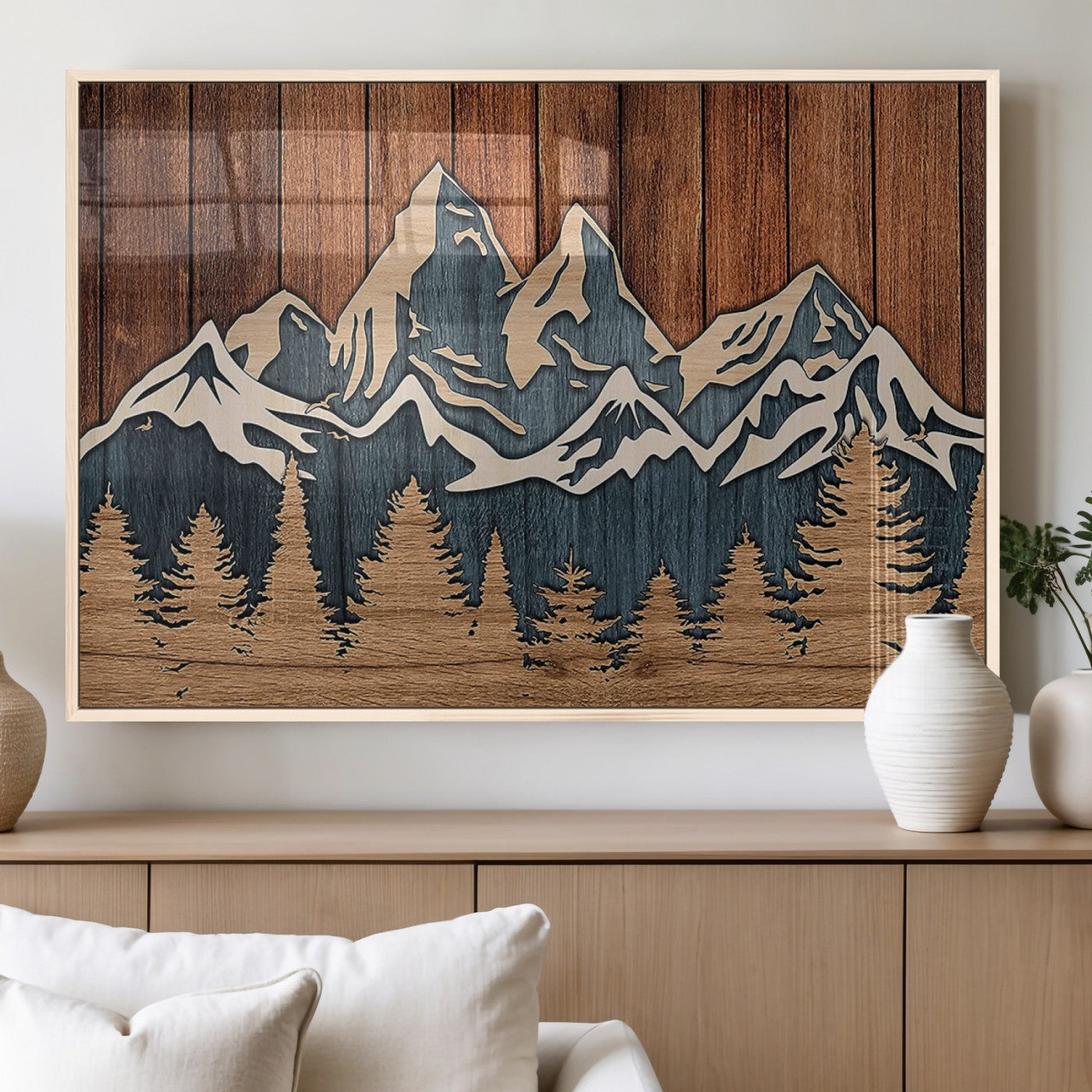 41330-MGV-FP-60X30-3P_Natural-Rustic Mountain Wall Art – Wooden Nature Scene with Trees and Peaks, Handmade 3D Layered Decor for Living Room, Cabin or Office
