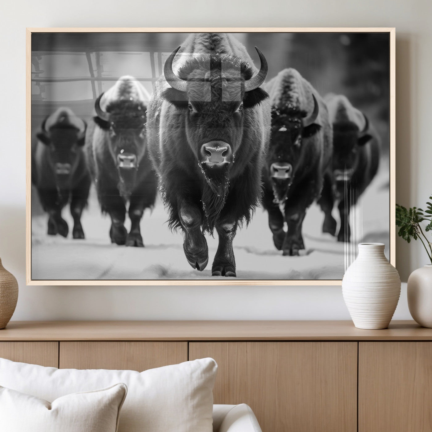 79872-MGV-FP-36X24-3P_Natural-Bison Herd Wall Art – Black and White Buffalo on Snow Canvas Print, Rustic Wildlife Decor for Lodge, Cabin, or Living Room