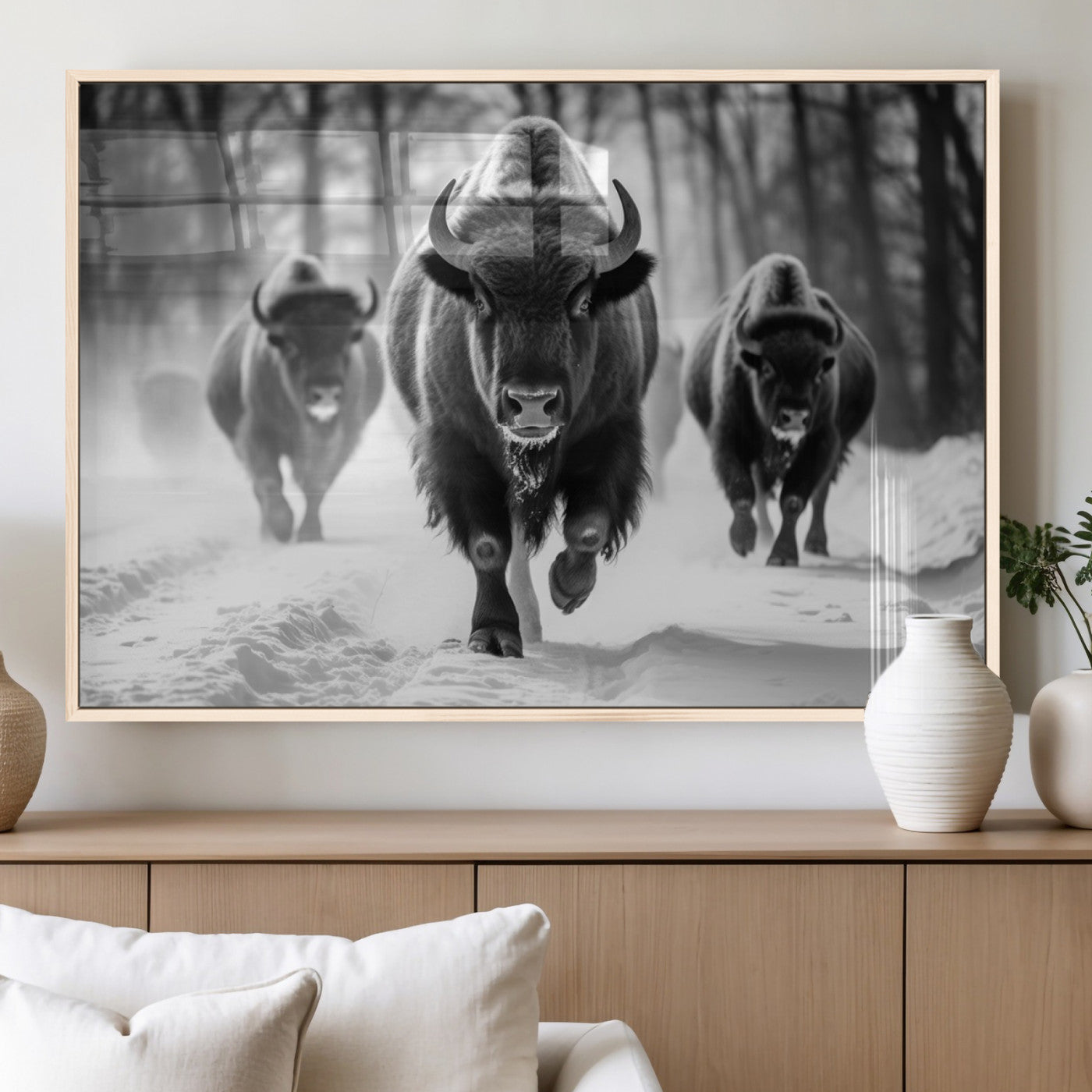 97552-MGV-FP-36X24-3P_Natural-Black and White Bison Wall Art – Buffalo Herd Running in Snow Canvas Print, Rustic Wildlife Photography Decor for Cabin, Lodge, or