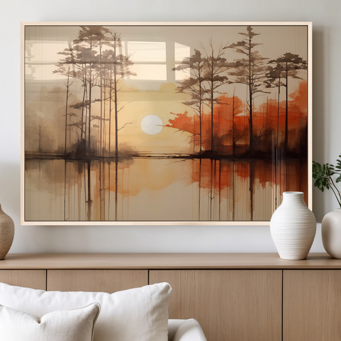 51083-MGV-FP-36X24-3P_Natural-Sunset Lake Forest Wall Art – Serene Trees and Orange Sky Reflection Canvas Print, Tranquil Nature Decor for Living Room, Office