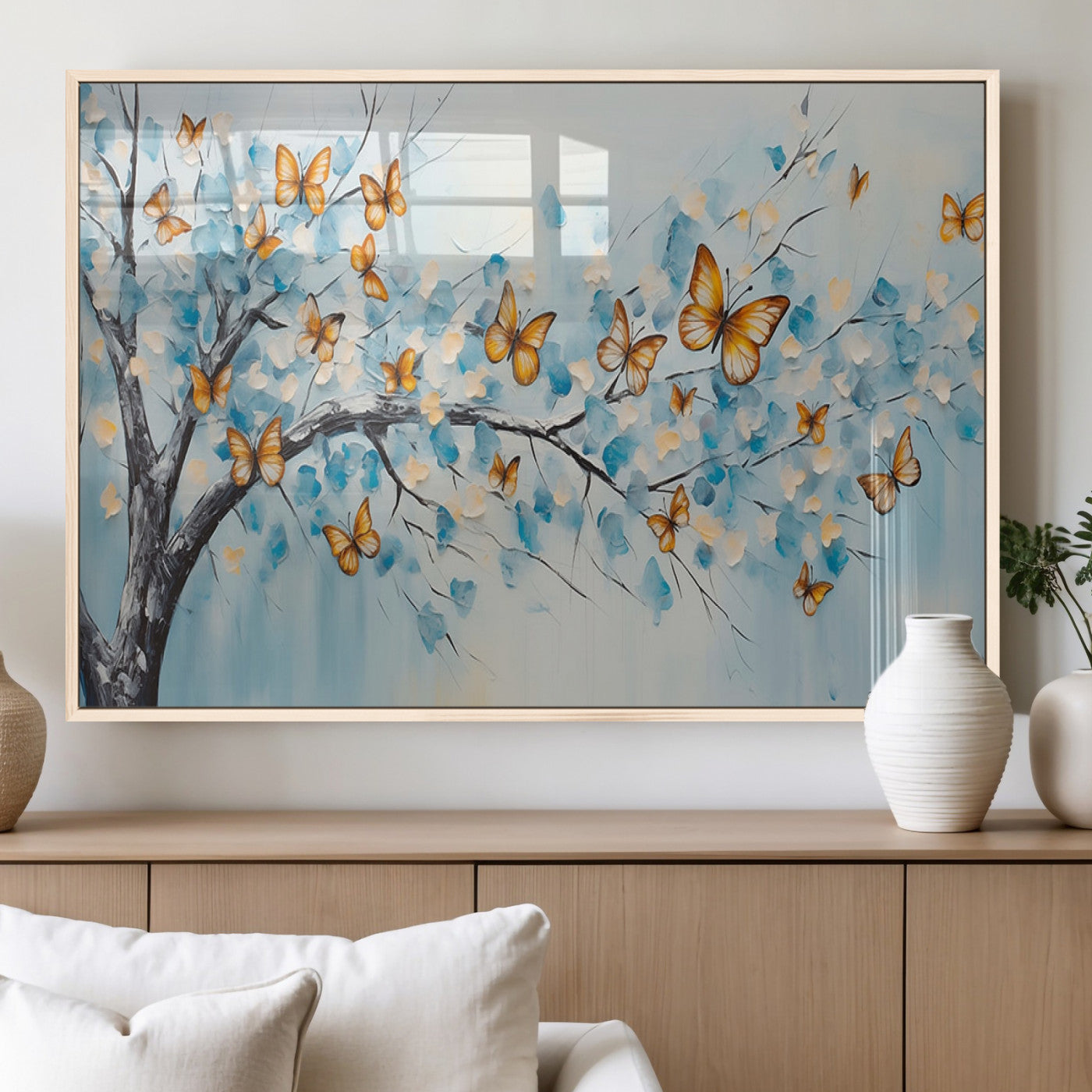 59455-MGV-FP-36X24-3P_Natural-Butterfly Tree Branch Wall Art – Blue and Yellow Abstract Canvas Print, Modern Nature Artwork for Living Room, Bedroom or Office