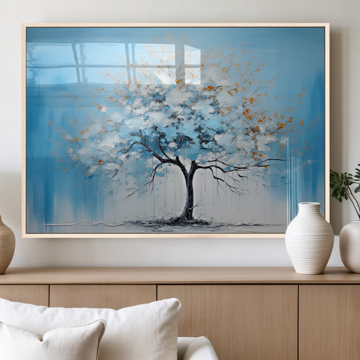 25021-MGV-FP-36X24-3P_Natural-Abstract Tree Wall Art – Blue and White Canvas Painting with Gold Accents, Modern Nature-Inspired Artwork for Living Room, Bedroom