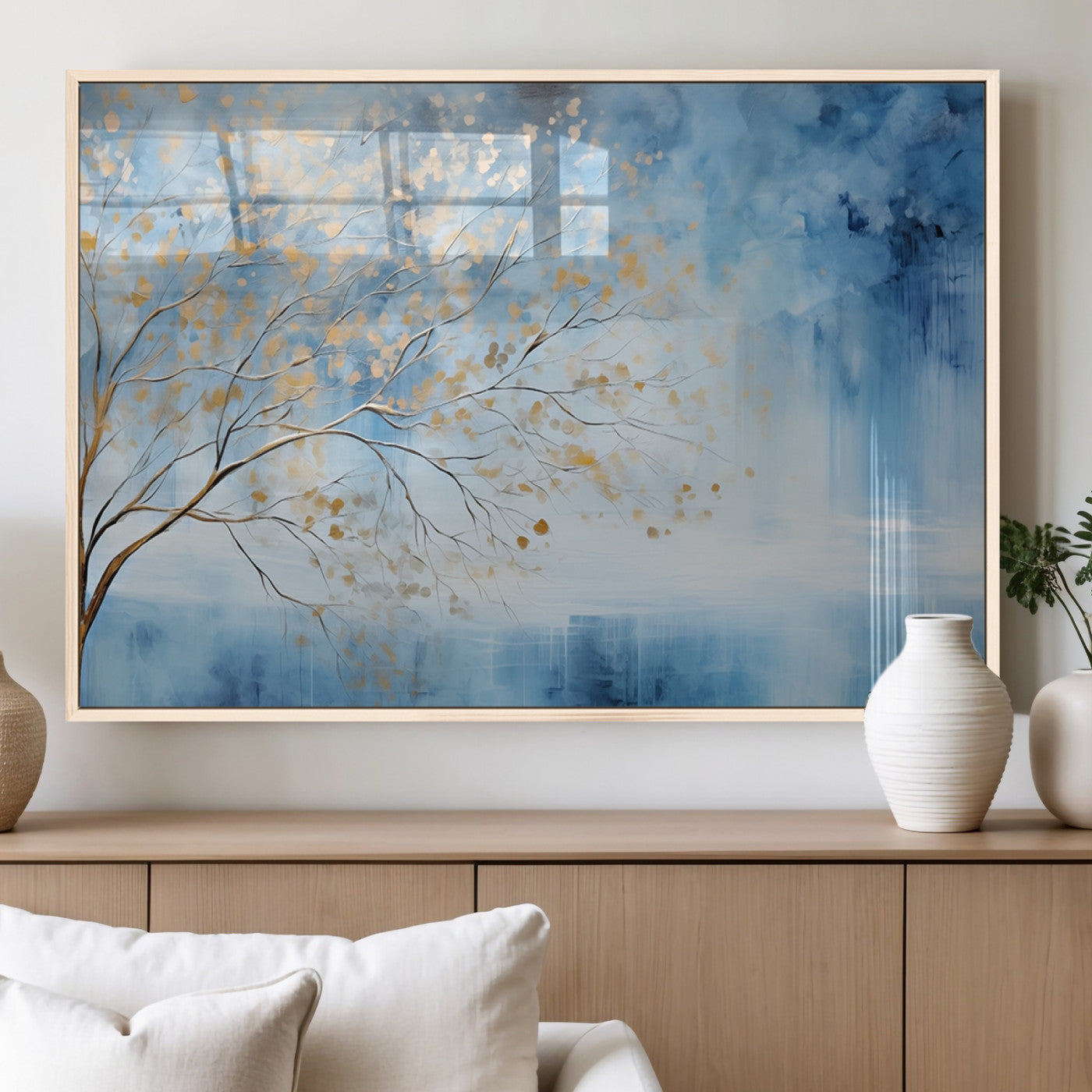 23891-MGV-FP-36X24-3P_Natural-Abstract Tree Wall Art – Minimalist Blue and Gold Canvas Painting, Elegant Nature-Inspired Artwork for Living Room, Bedroom or
