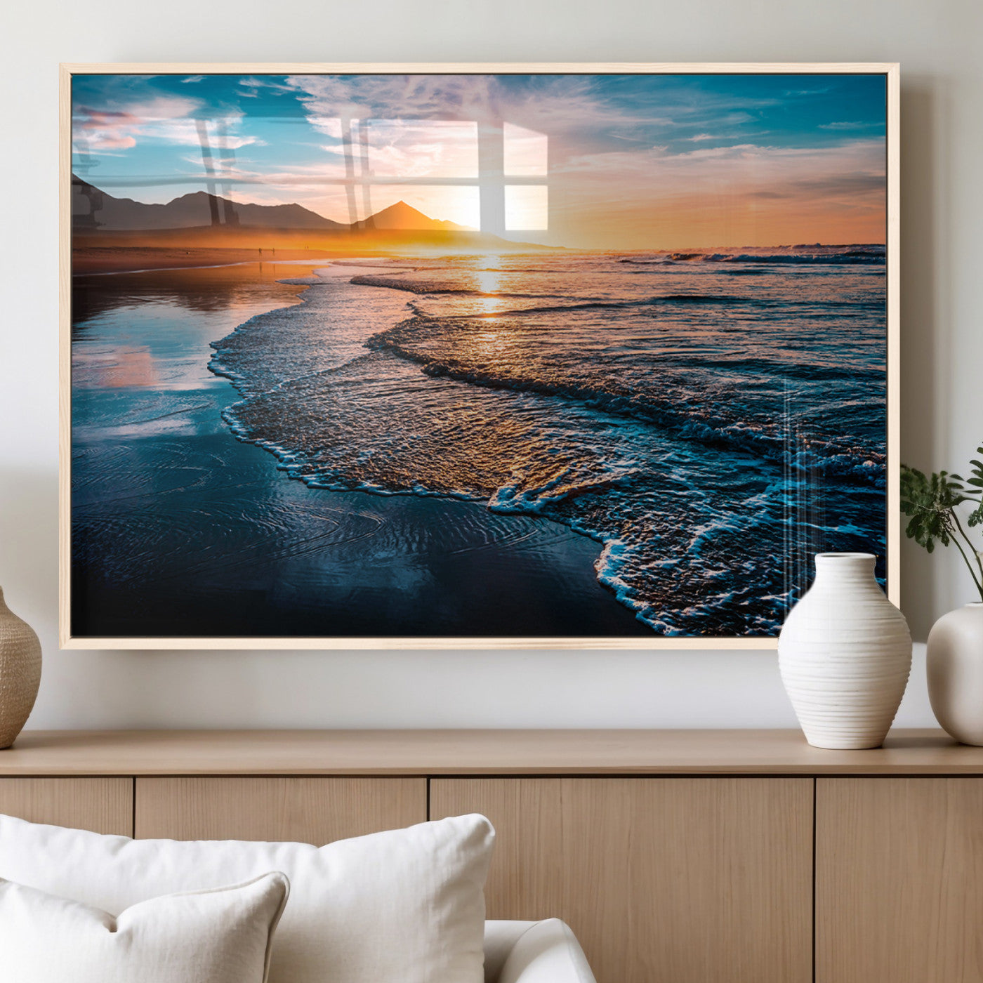 26494-MGV-FP-36X24-3P_Natural-Ocean Sunset Wall Art – Scenic Beach Canvas Print with Waves and Mountains, Coastal Seascape Photography for Living Room, Bedroom