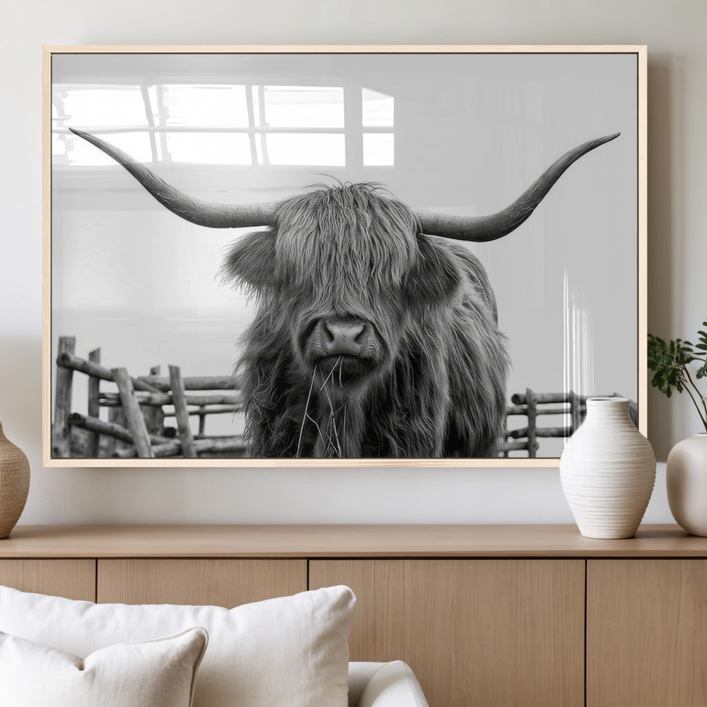 58188-MGV-FP-36X24-3P_Natural-Highland Cow Wall Art – Black and White Rustic Farmhouse Canvas Print, Longhorn Cattle Photography Decor for Living Room or