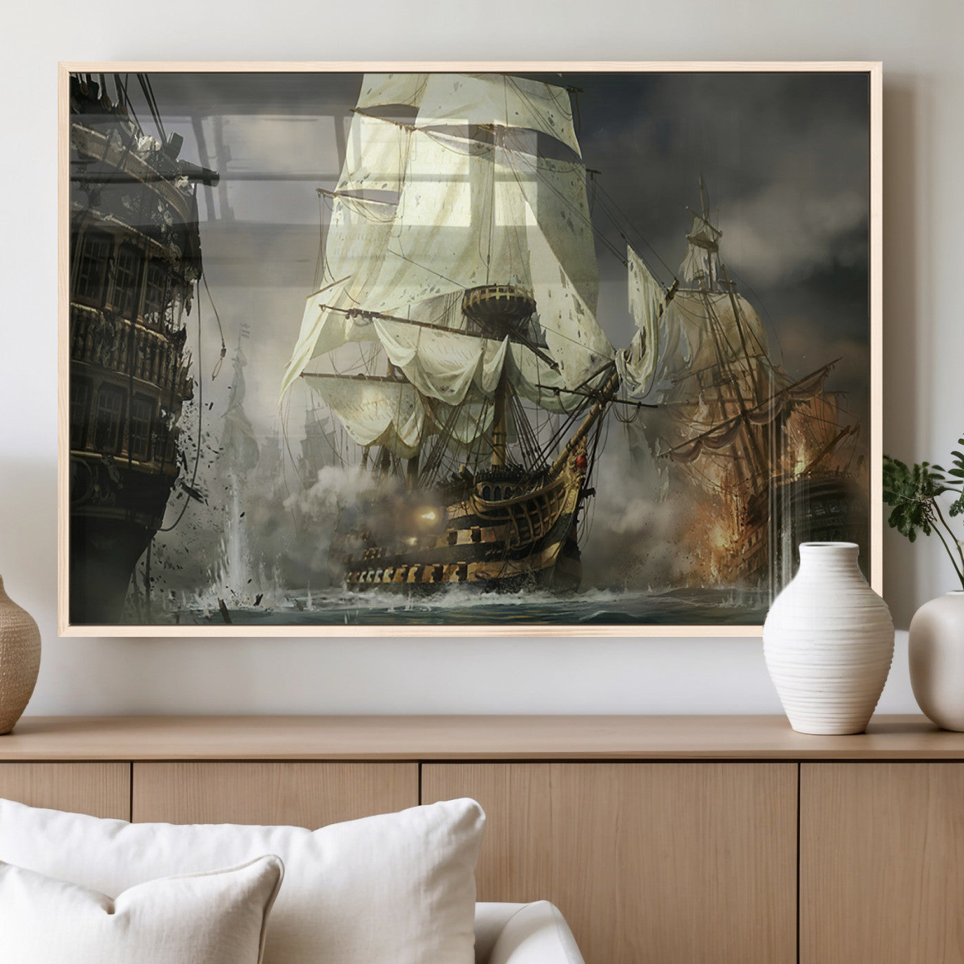 26512-MGV-FP-36X24-3P_Natural-Naval Battle Wall Art – Dramatic Tall Ship Canvas Print, Historic Pirate Sailing War Scene, Nautical Decor for Office, Study or