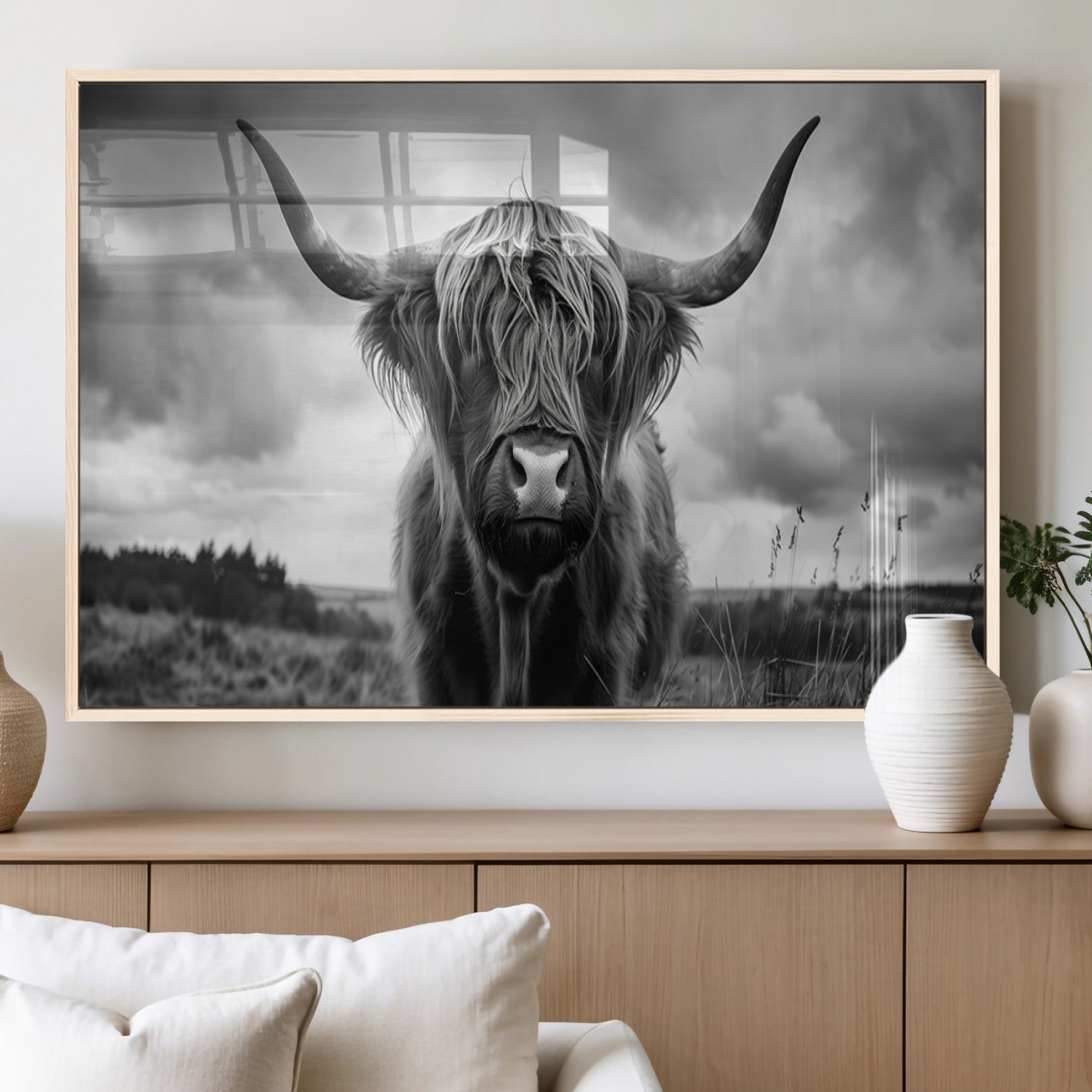 17924-MGV-FP-36X24-3P_Natural-Highland Cow Wall Art – Black and White Rustic Longhorn Cattle Canvas Print, Farmhouse Animal Photography Decor for Country Home