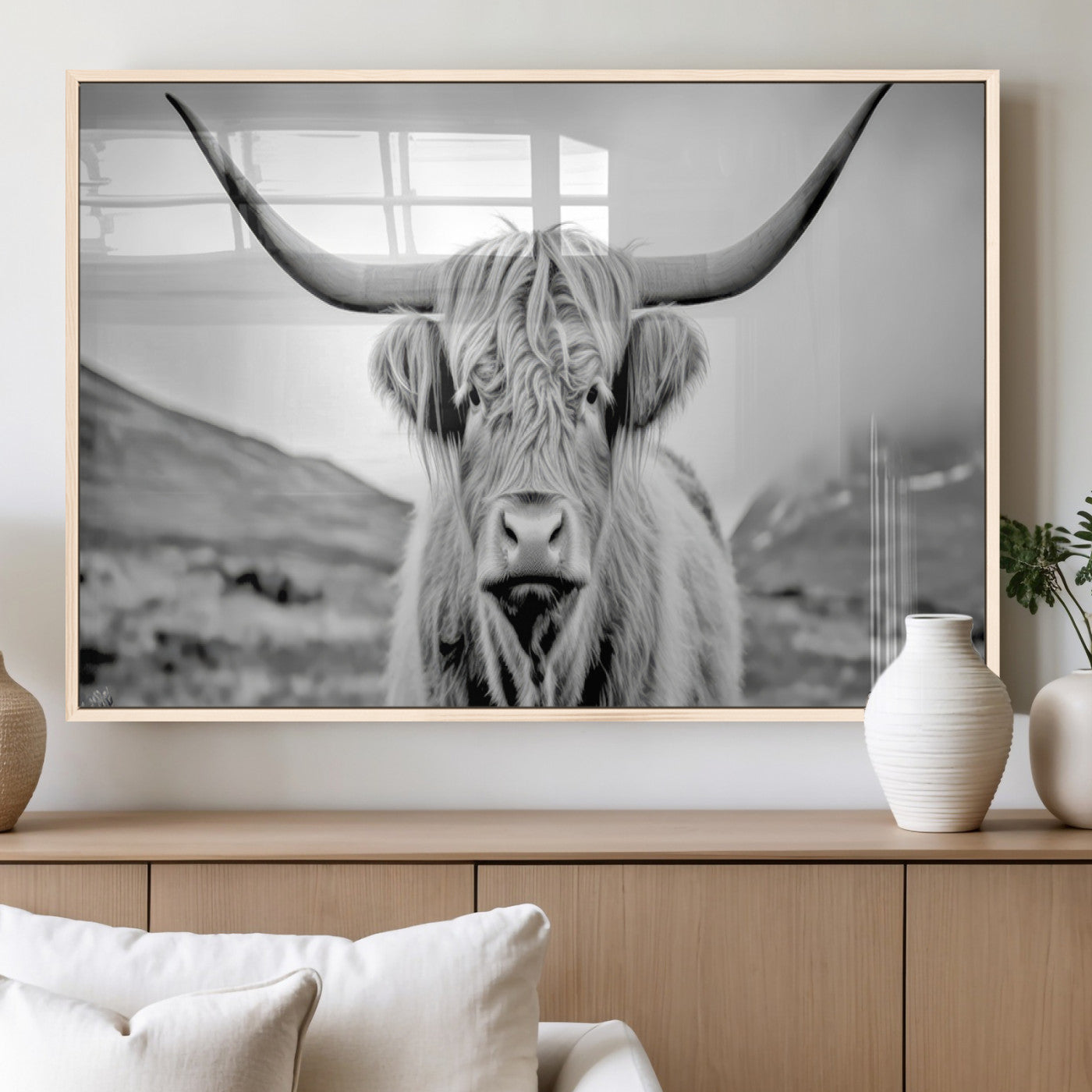 80564-MGV-FP-36X24-3P_Natural-Highland Cow Wall Art – Black and White Scottish Highland Canvas Print, Rustic Farmhouse Decor for Living Room, Bedroom or Office