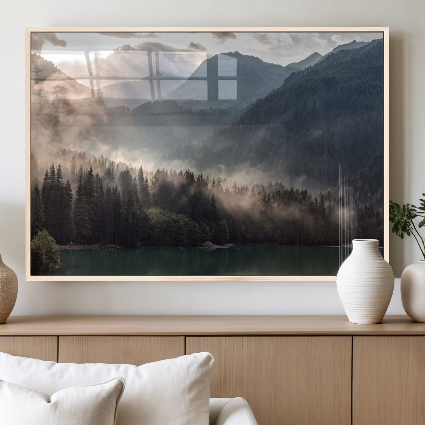 61116-MGV-FP-36X24-3P_Natural-Misty Mountain Lake Wall Art – Tranquil Foggy Forest and Lake Canvas Print, Scenic Nature Landscape Decor for Living Room or
