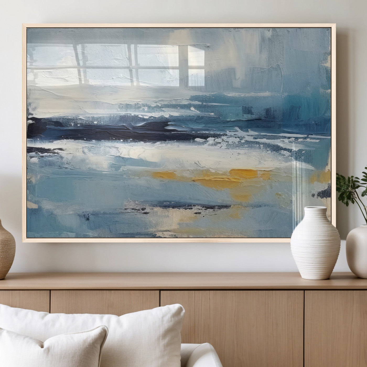 19746-MGV-FP-36X24-3P_Natural-Abstract Ocean Wall Art – Modern Coastal Canvas Print with Blue, White and Gold Textures, Contemporary Seascape Painting for