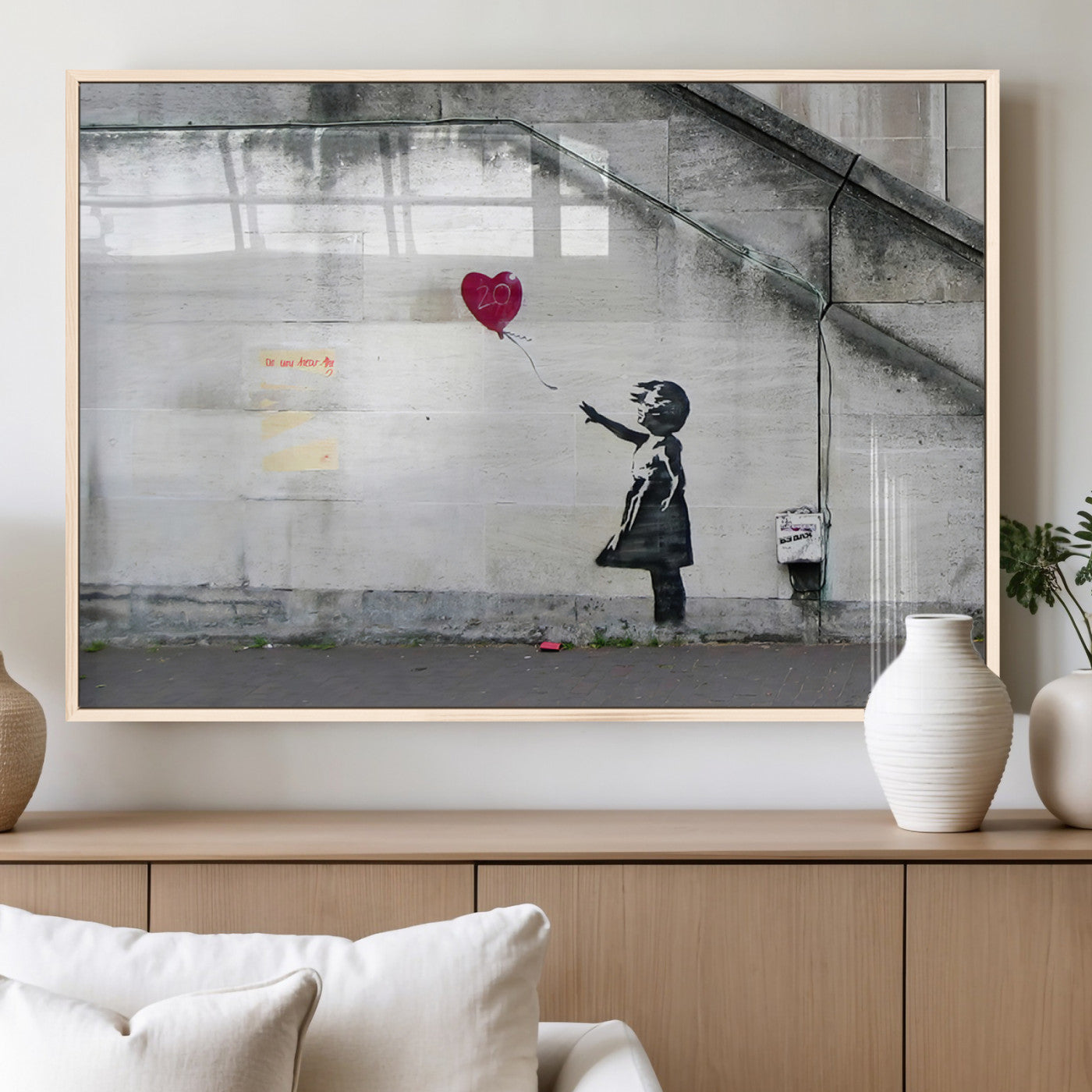 50559-MGV-FP-36X24-3P_Natural-Banksy Girl with Balloon Wall Art – Famous Street Graffiti Canvas Print, Modern Urban Artwork for Living Room, Bedroom or Office