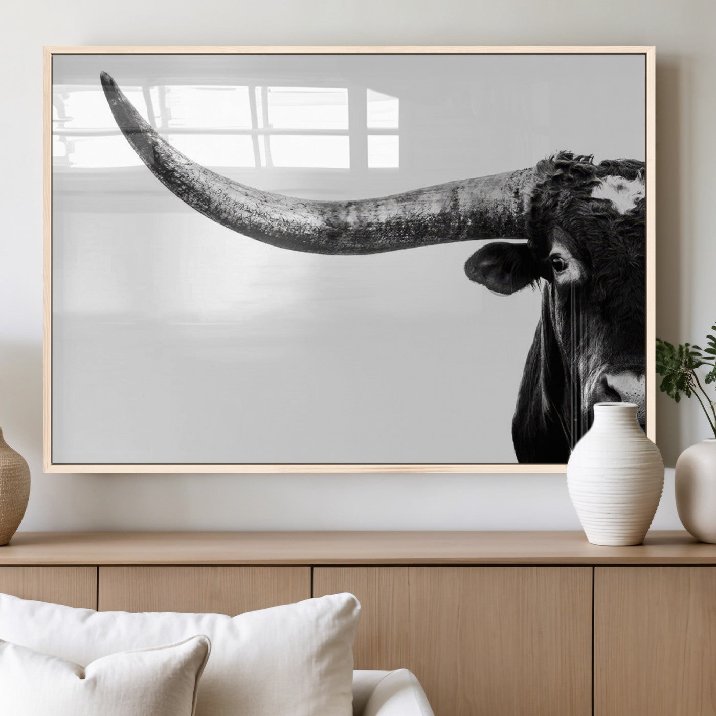 31699-MGV-FP-36X24-3P_Natural-Longhorn Wall Art – Black and White Texas Longhorn Cow Canvas Print, Rustic Western Farmhouse Artwork for Living Room, Bedroom or