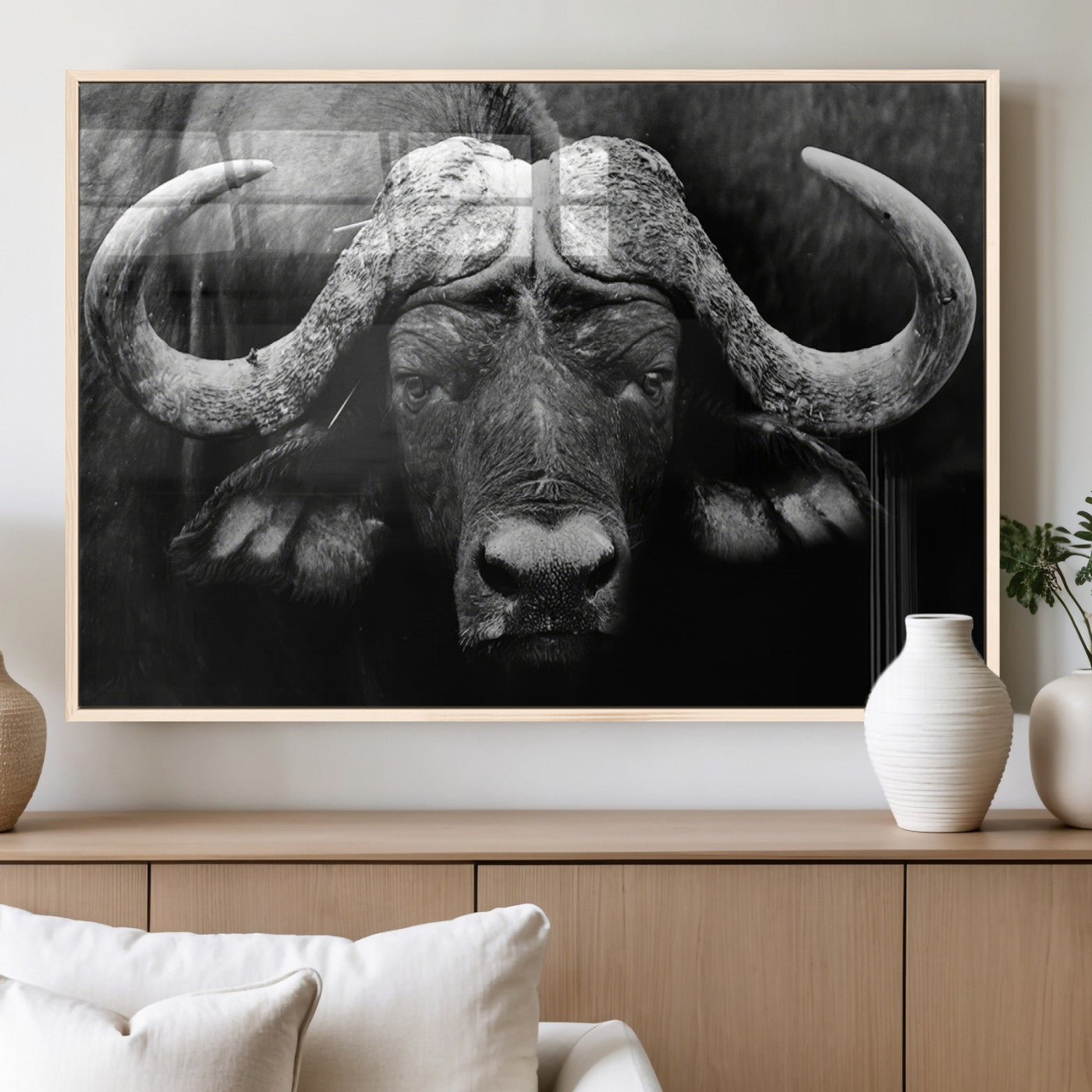 75273-MGV-FP-36X24-3P_Natural-Buffalo Wall Art – Black and White African Buffalo Canvas Print, Rustic Wildlife Animal Artwork for Farmhouse, Living Room,