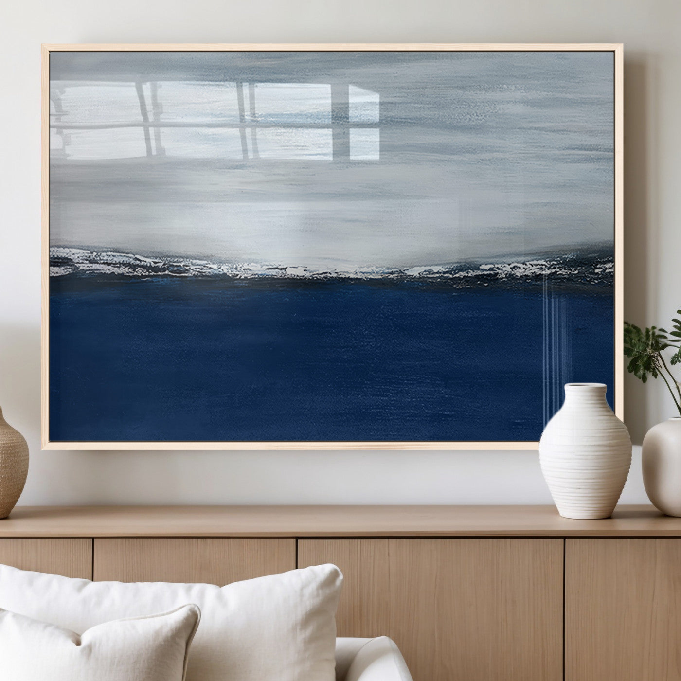 62197-MGV-FP-60X30-3P_Natural-Abstract Ocean Wall Art – Minimalist Blue and White Canvas Print, Modern Coastal Seascape Painting for Bedroom, Living Room or