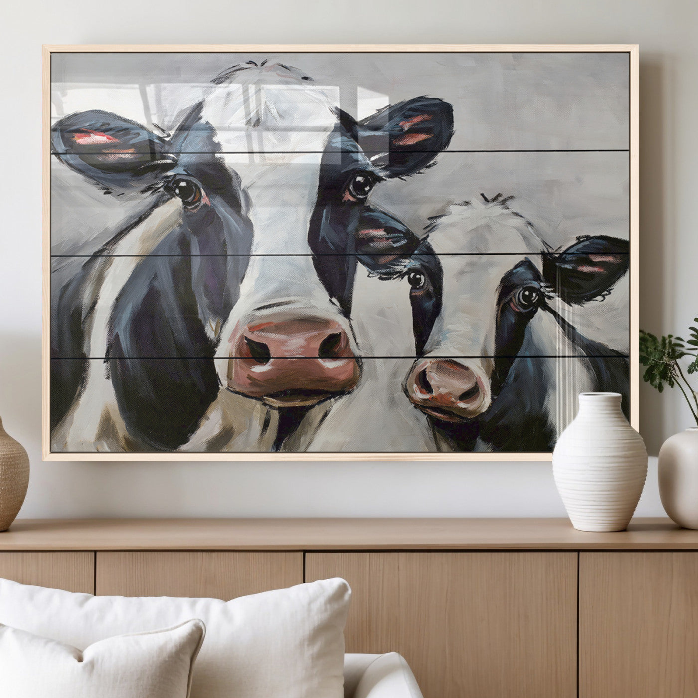 28934-MGV-FP-36X24-3P_Natural-Farmhouse Cow Wall Art – Rustic Black and White Dairy Cattle Canvas Print, Country Barn Animal Painting for Kitchen, Living Room