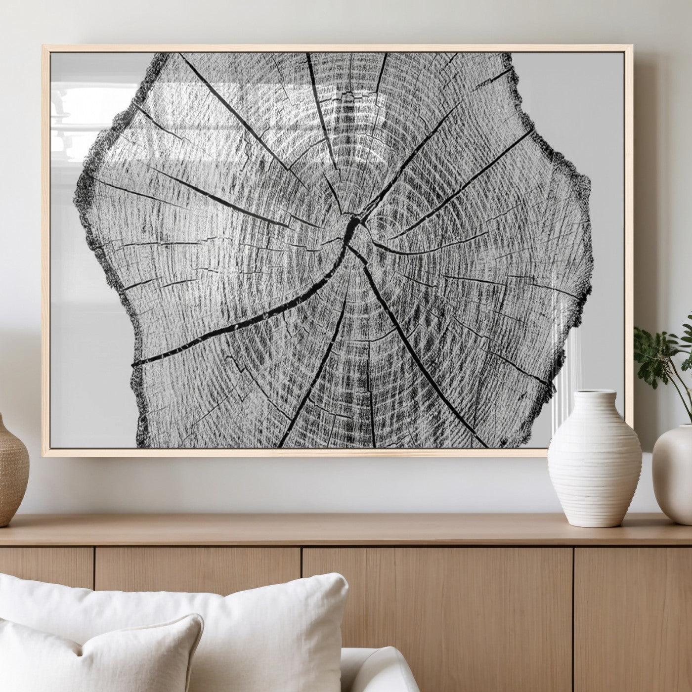 98709-MGV-FP-60X30-3P_Natural-Tree Ring Wall Art – Black and White Canvas Print Rustic Wood Cross Section, Minimal Nature Inspired Decor for Living Room,