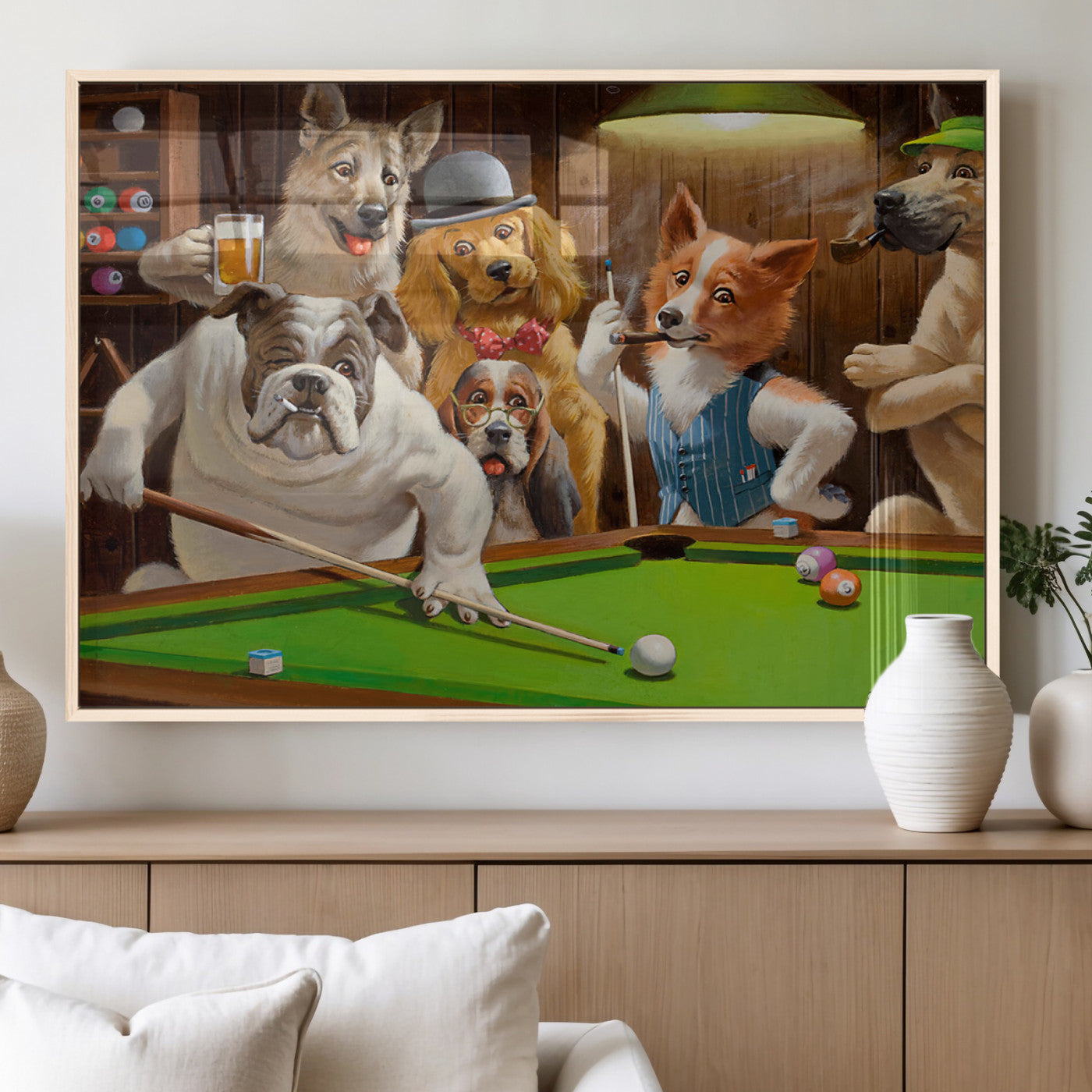 34228-MGV-FP-36X24-3P_Natural-Dogs Playing Pool Wall Art Canvas Print, Framed Funny Dog Art Picture Print, Dog Perfect Game Room Decor Artwork