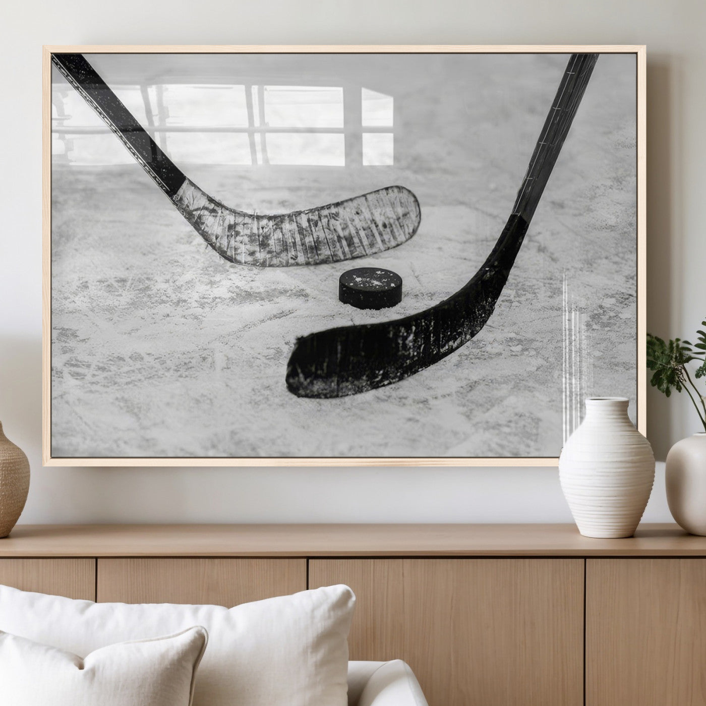 82900-MGV-FP-36X24-3P_Natural-Hockey Wall Art – Black and White Canvas Print Ice Rink Sticks Puck Sports Photography, Modern Decor for Game Room, Man Cave,