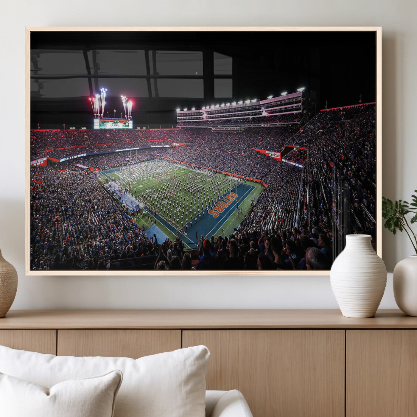 46899-MGV-FP-60X30-3P_Natural-Ben Hill Griffin Stadium Wall Art Canvas Print, Framed Football Stadium Art Picture Print, Florida Football Stadium Perfect Sport