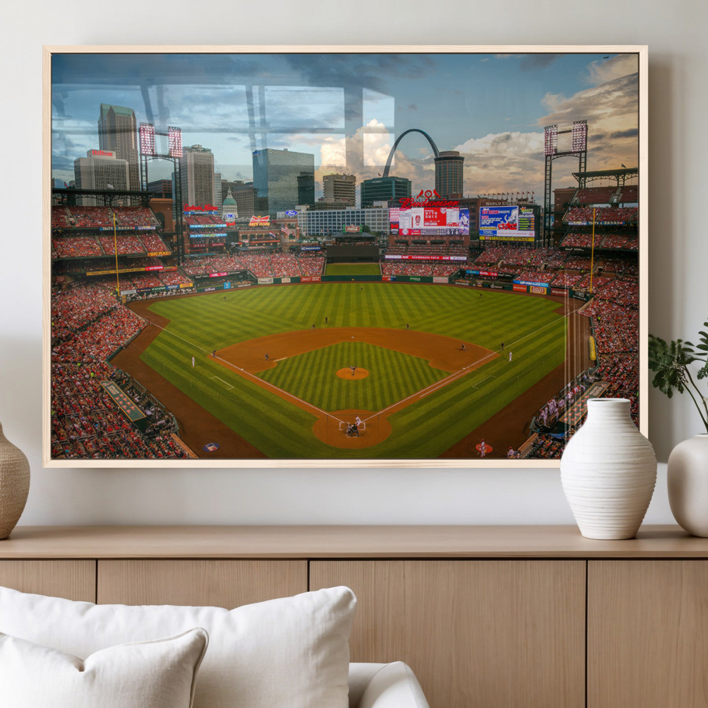 91908-MGV-FP-60X30-3P_Natural-Baseball Stadium Wall Art – Canvas Print Game Day Field City Skyline Iconic Arch Scene Sports Photography, Decor for Game Room,