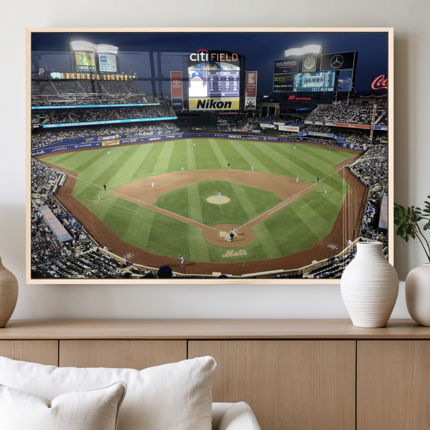 87666-MGV-FP-60X30-3P_Natural-City Field Stadium Wall Art Canvas Print, Framed New York Stadium Art Picture Print, Citi Field Stadium Perfect Sport Room Decor