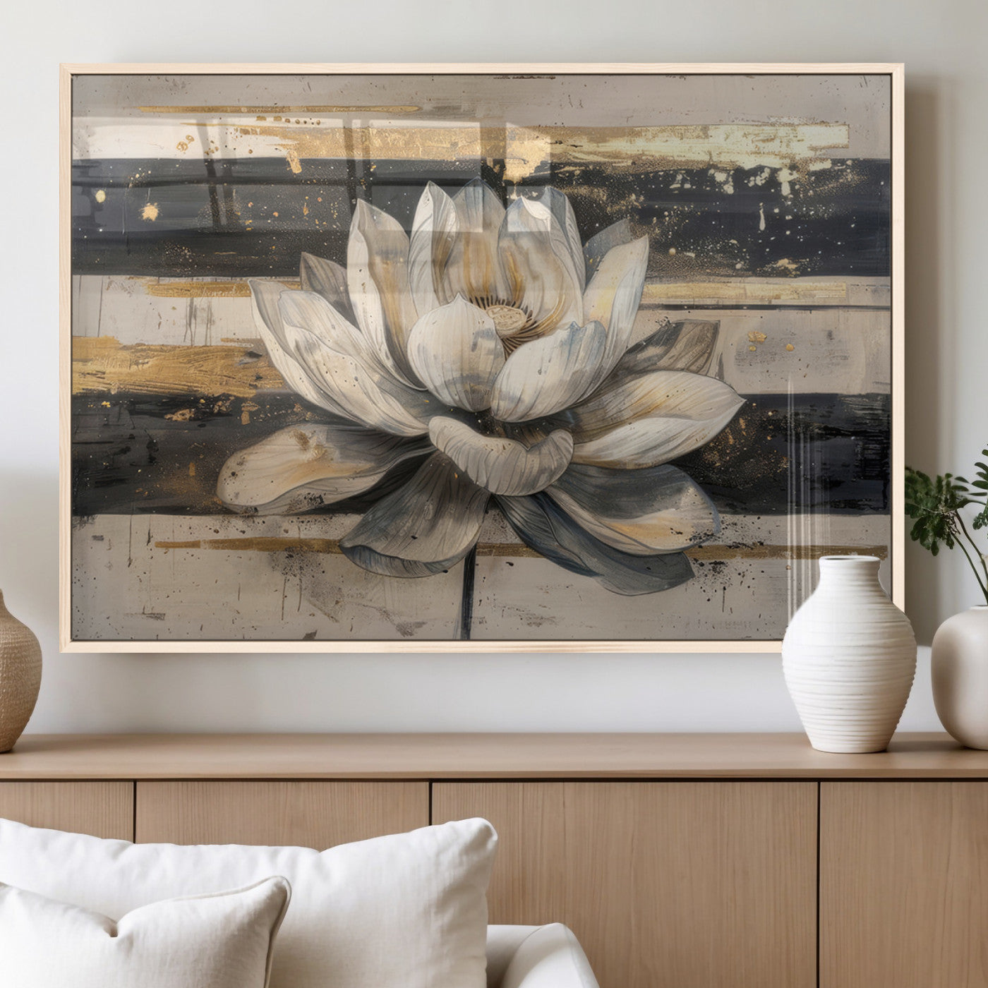 18807-MGV-FP-60X30-3P_Natural-Lotus Flower Wall Art Canvas Print, Framed Abstract Lotus Art Picture Print, White Lotus Flower Perfect Abstract Floral Decor