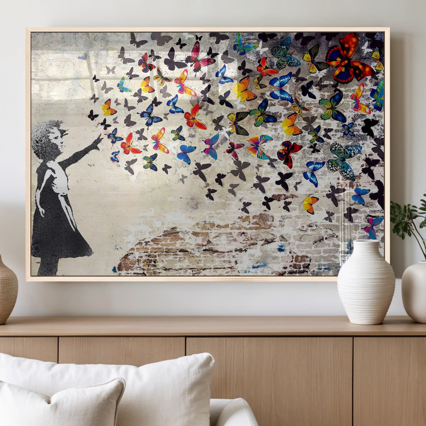 97895-MGV-FP-36X24-3P_Natural-Girl with Butterflies Wall Art – Colorful Street Art Style Canvas Print, Modern Graffiti-Inspired Butterfly Artwork for Living