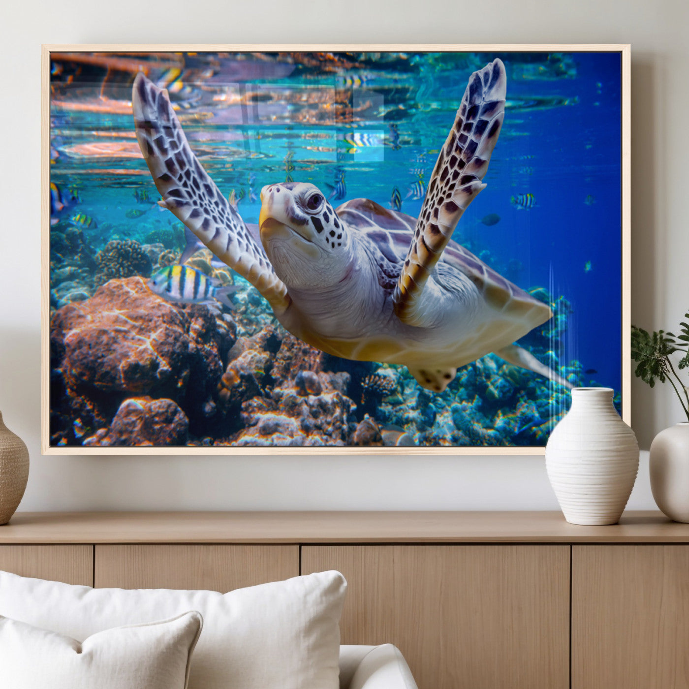 12683-MGV-FP-36X24-3P_Natural-Sea Turtle Wall Art – Graceful Ocean Canvas Print with Coral Reef and Tropical Fish, Coastal Marine Life Decor for Beach House,
