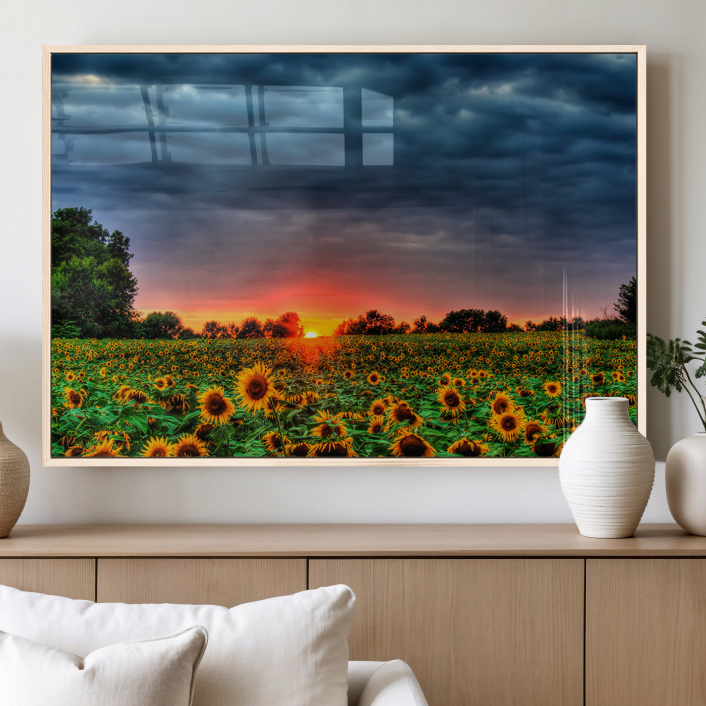 45045-MGV-FP-36X24-3P_Natural-Sunflower Field Sunset Wall Art – Dramatic Stormy Sky Landscape Print, Vibrant Yellow Floral Nature Canvas for Living Room,