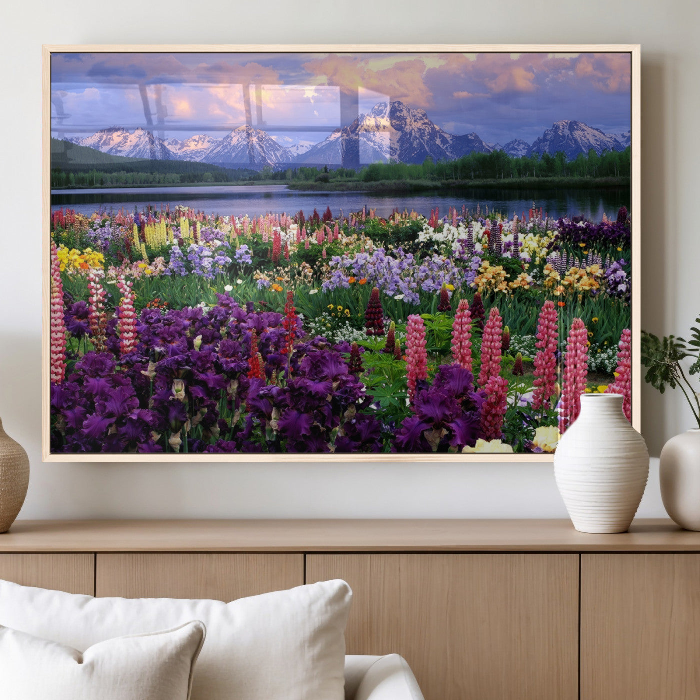 82270-MGV-FP-36X24-3P_Natural-Colorful Wildflower Meadow Landscape Wall Art – Snow-Capped Mountain Lake Sunset Print, Vibrant Nature Artwork for Living Room,