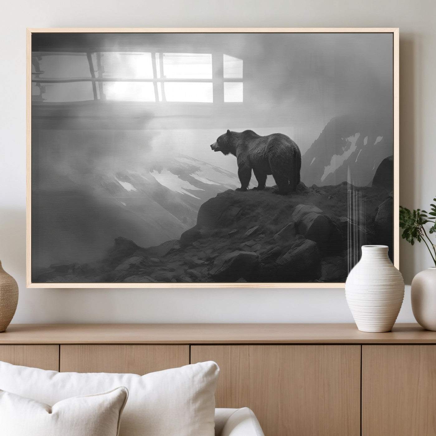 49504-MGV-FP-36X24-3P_Natural-Black and White Grizzly Bear Wall Art – Wilderness Wildlife Painting, Rustic Mountain Cabin Decor, Monochrome Animal Print for