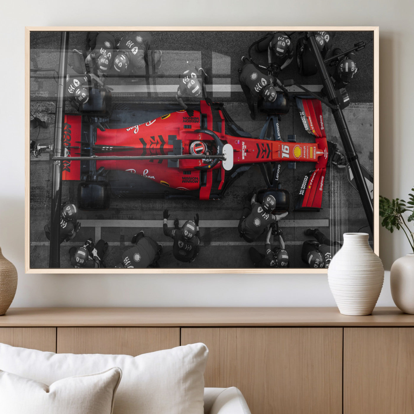 99356-MGV-FP-36X24-3P_Natural-Ferrari Pit Stop Wall Art – Formula 1 Racing Car Canvas Print, Red Speed Machine Motorsport Decor for Office, Garage, Man Cave or
