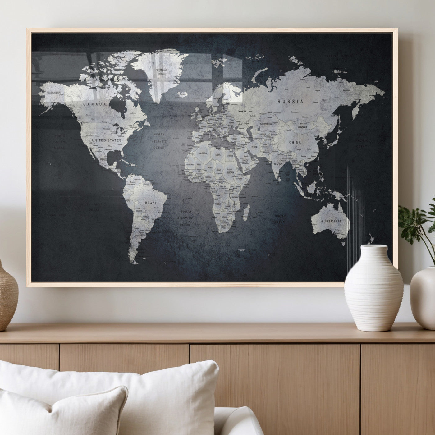 19124-MGV-FP-36X24-3P_Natural-Modern World Map Wall Art – Black and White Canvas Print, Minimalist Global Map Decor for Office, Study, Bedroom or Living Room