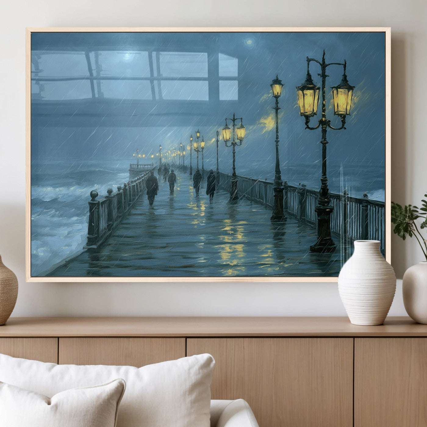 79606-MGV-FP-36X24-3P_Natural-Rainy Pier Night Wall Art – Ocean Waves and Street Lamps Canvas Print, Moody Seascape Oil Painting Poster for Living Room,