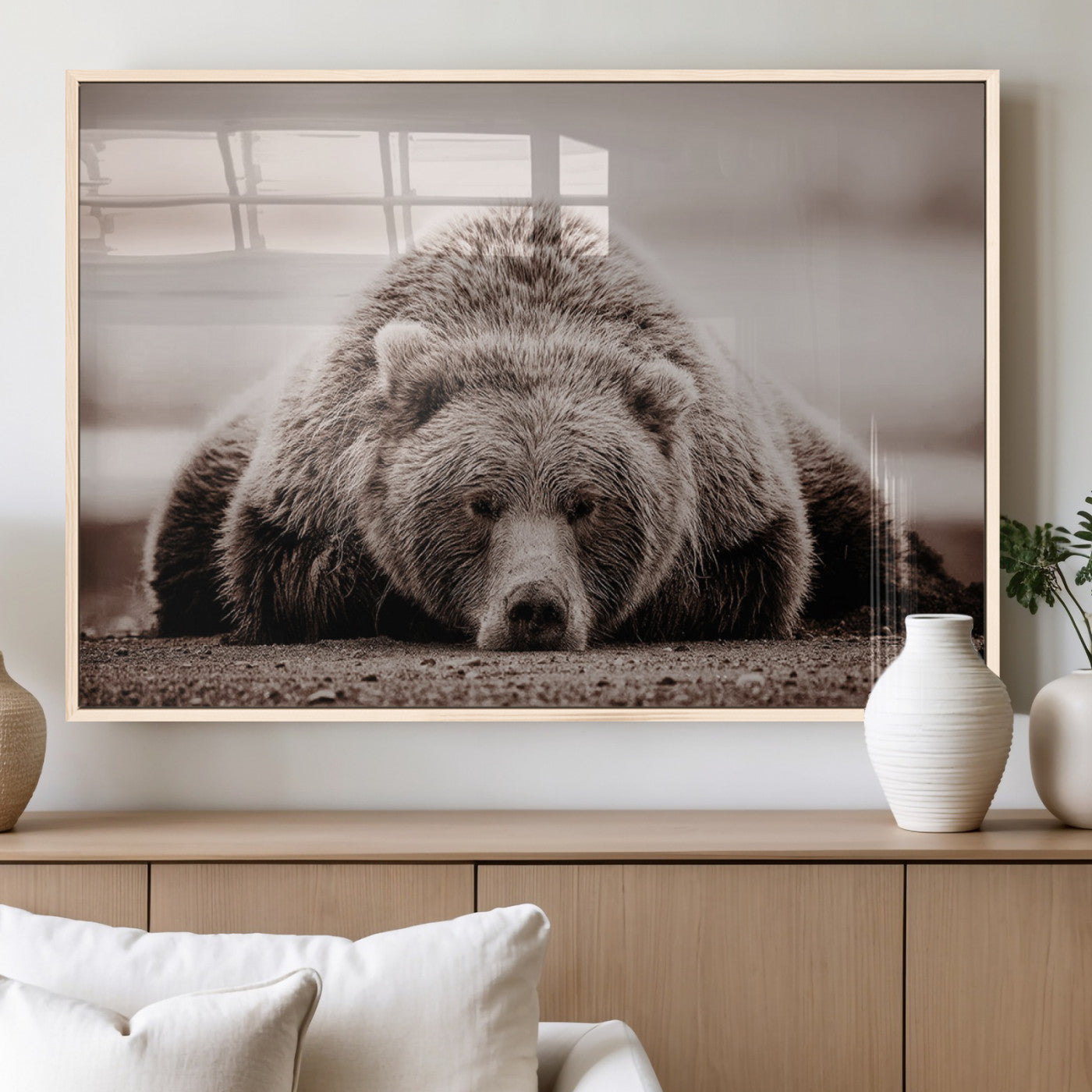 20611-MGV-FP-36X24-3P_Natural-Grizzly Bear Wall Art – Majestic Wildlife Sepia Canvas Print, Rustic Nature Animal Artwork for Cabin, Lodge, Living Room, Bedroom,