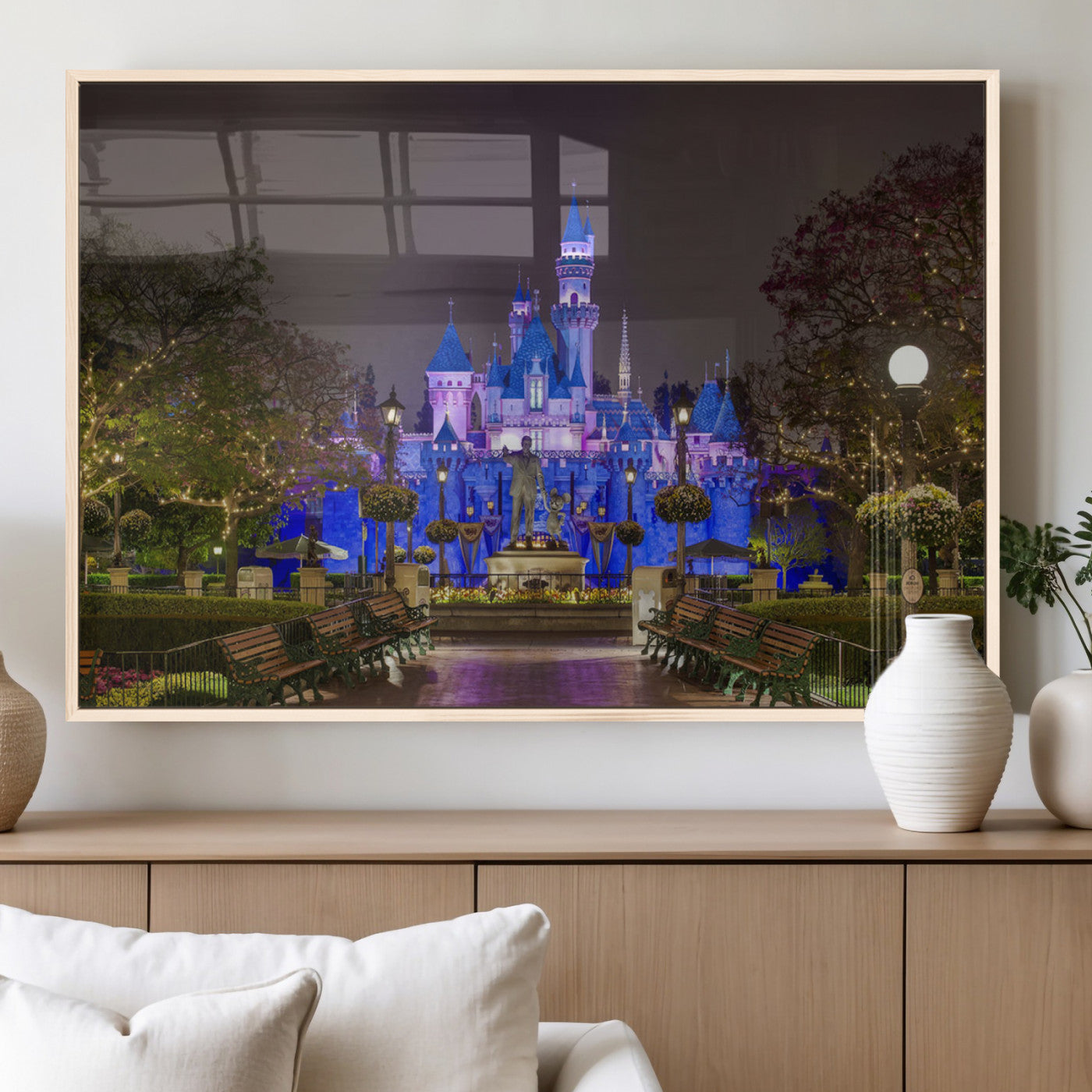 63560-MGV-FP-36X24-3P_Natural-Fairy Tale Castle Wall Art – Magical Night Scene Canvas Print with Lights and Gardens, Fantasy Architecture Artwork for Living