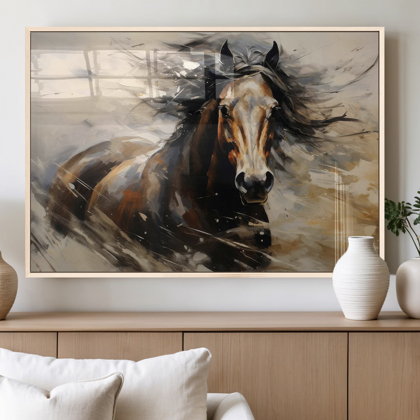 53001-MGV-FP-36X24-3P_Natural-Wild Horse Wall Art – Majestic Stallion Canvas Print with Flowing Mane, Rustic Western Style Painting for Living Room, Office or