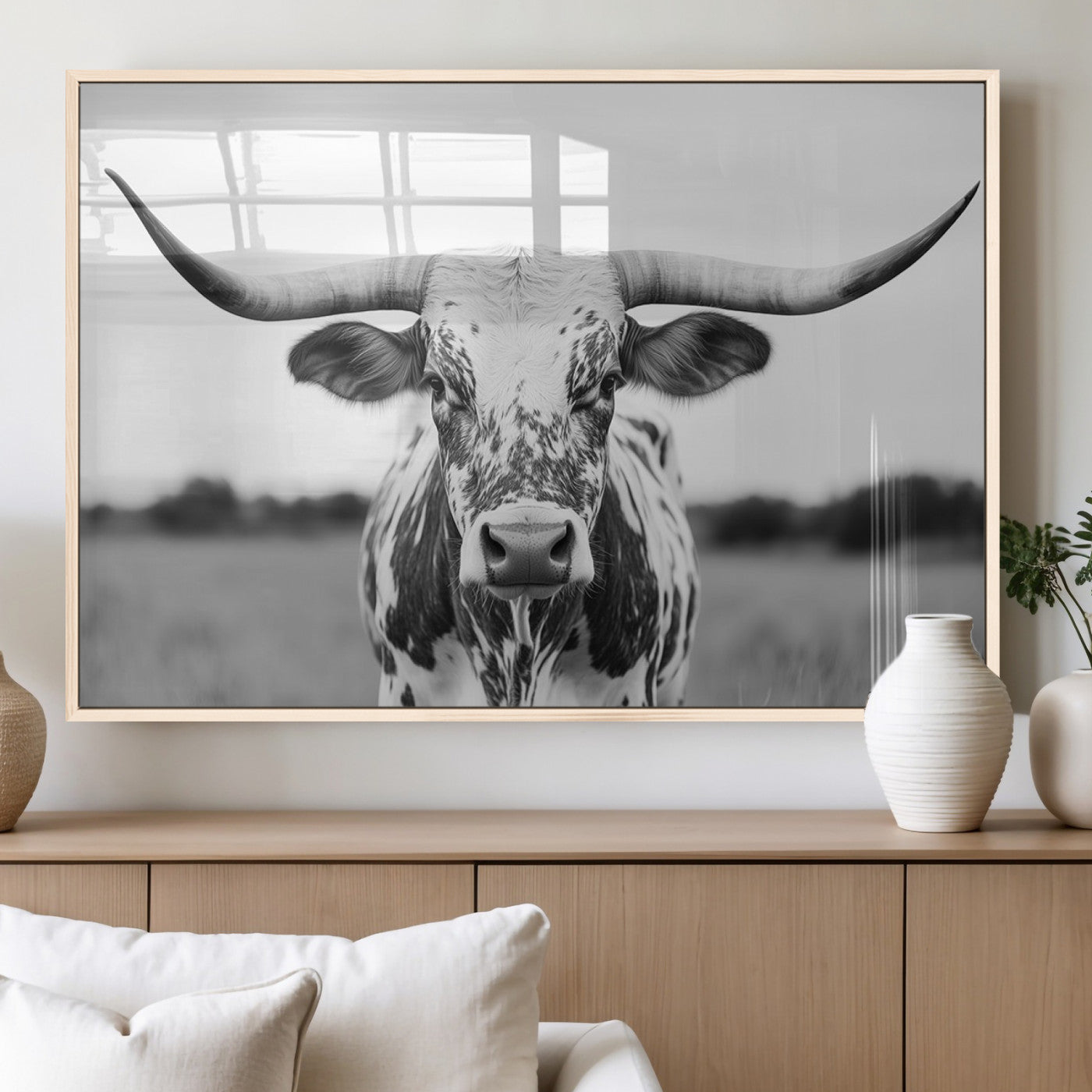 20272-MGV-FP-60X30-3P_Natural-Highland Cow Wall Art – Black and White Western Longhorn Canvas Print, Farmhouse Living Room Decor Southwestern Animal Artwork for
