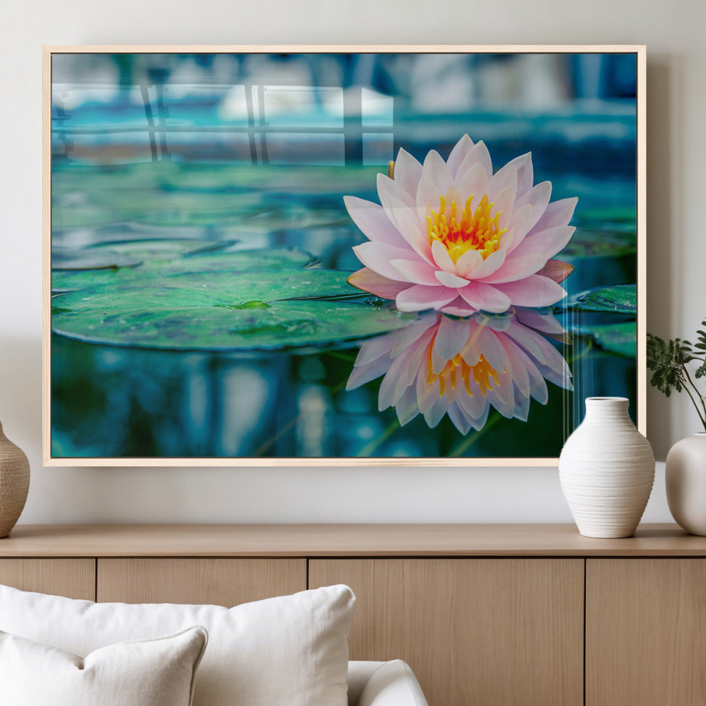 65933-MGV-FP-36X24-3P_Natural-Pink Water Lily Wall Art – Lotus Flower Canvas Print with Reflection on Calm Water, Peaceful Botanical Artwork for Living Room,