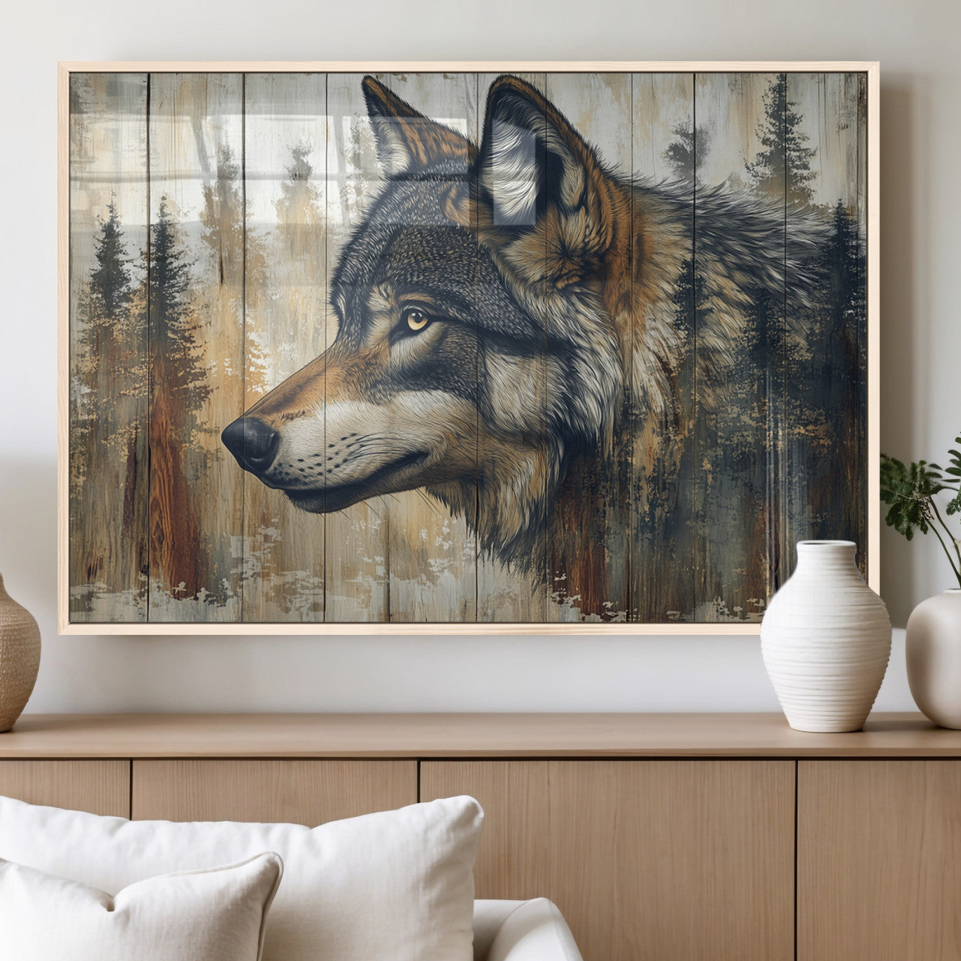 91882-MGV-FP-36X24-3P_Natural-Wolf Wall Art – Rustic Canvas Print of Forest Wolf on Wood Background, Wildlife Lodge Artwork for Living Room, Bedroom, Cabin, or