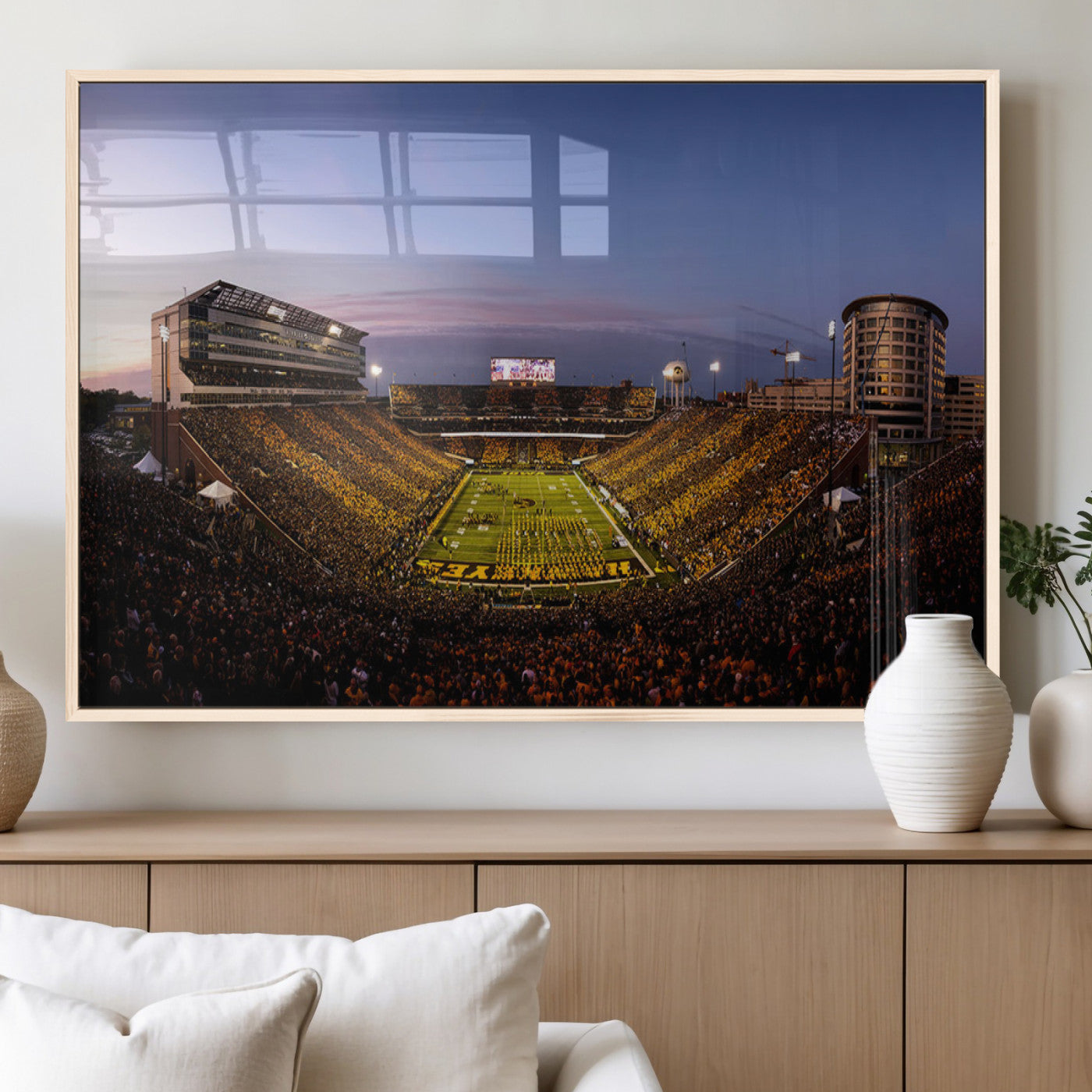 82557-MGV-FP-36X24-3P_Natural-College Football Stadium Wall Art – Panoramic Sunset Canvas Print with Marching Band and Game Day Crowd, Sports Artwork for Man