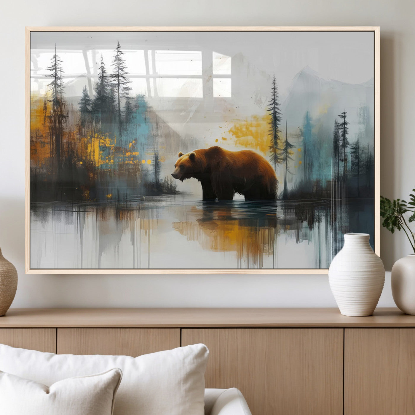 50308-MGV-FP-36X24-3P_Natural-Bear Wilderness Wall Art – Mountain Forest Canvas Print, Rustic Cabin Decor with Wildlife Landscape, Nature Artwork for Lodge,